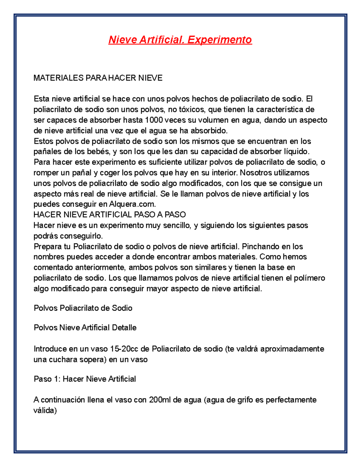 Experimento de Nieve Artificial en Química: Guía Paso a Paso - Document Preview