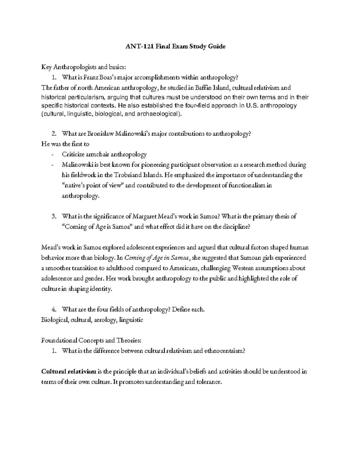 ANT-121 Final Exam Study Guide: Key Concepts & Theories in Anthropology ...
