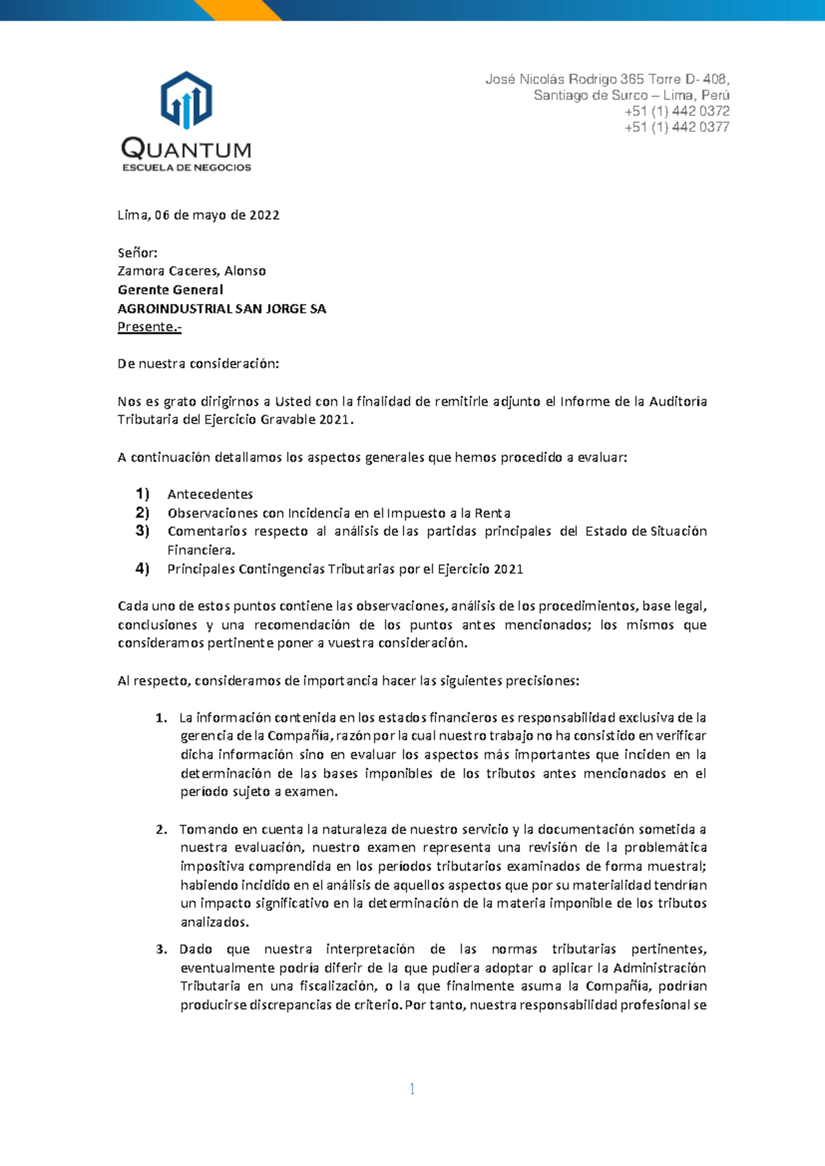 Informe de Auditoría Tributaria 2021 - Agroindustrial SAN Jorge EHG - Document Preview