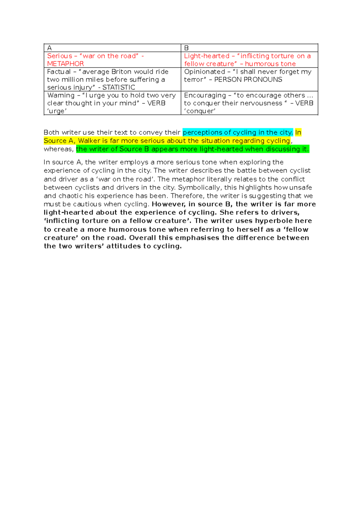 AQA GCSE Language Paper 2 Model Answer for Question 4 - Cycling ...