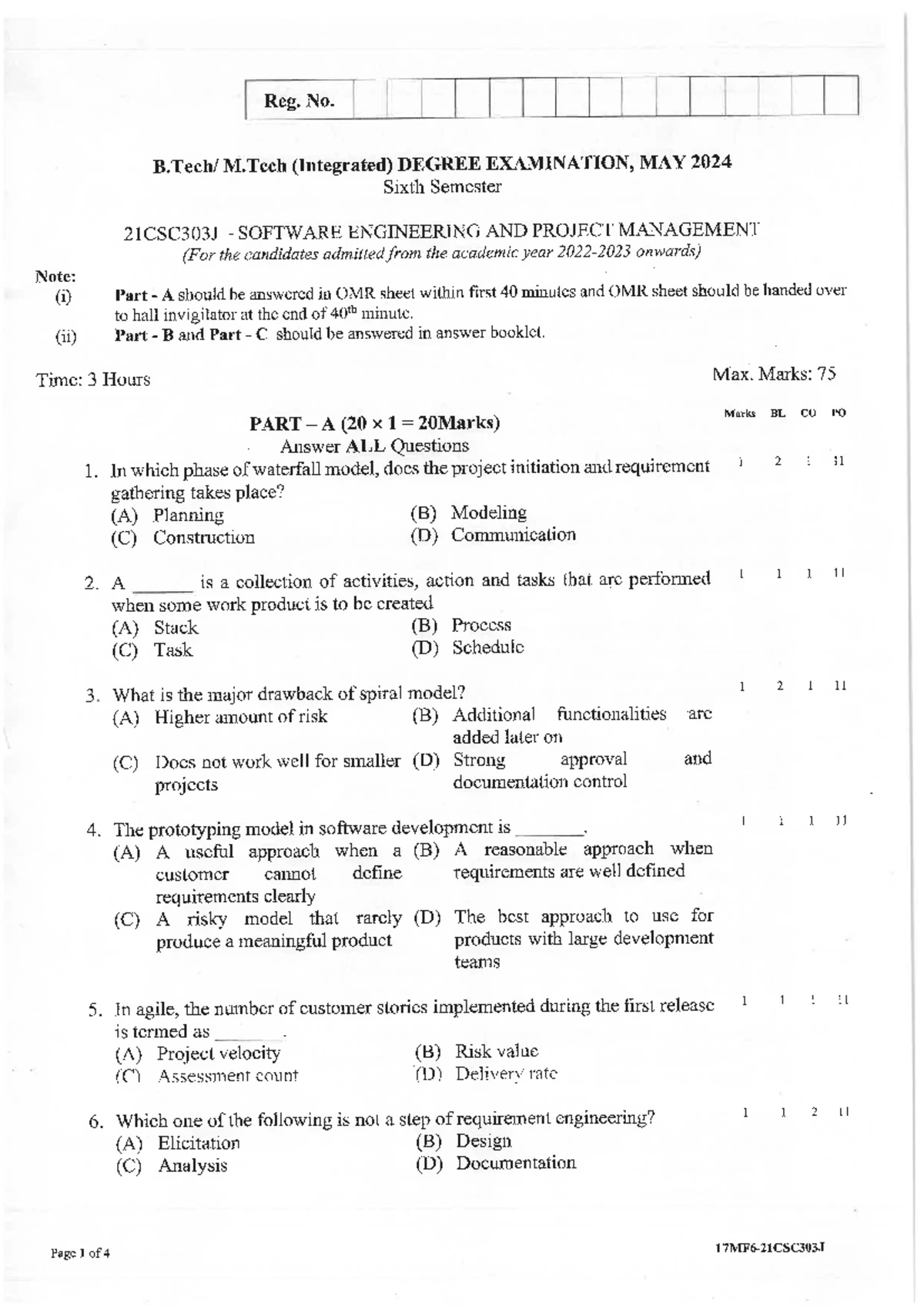 18CSC206J Software Engineering & Project Management Exam Paper - Jan ...