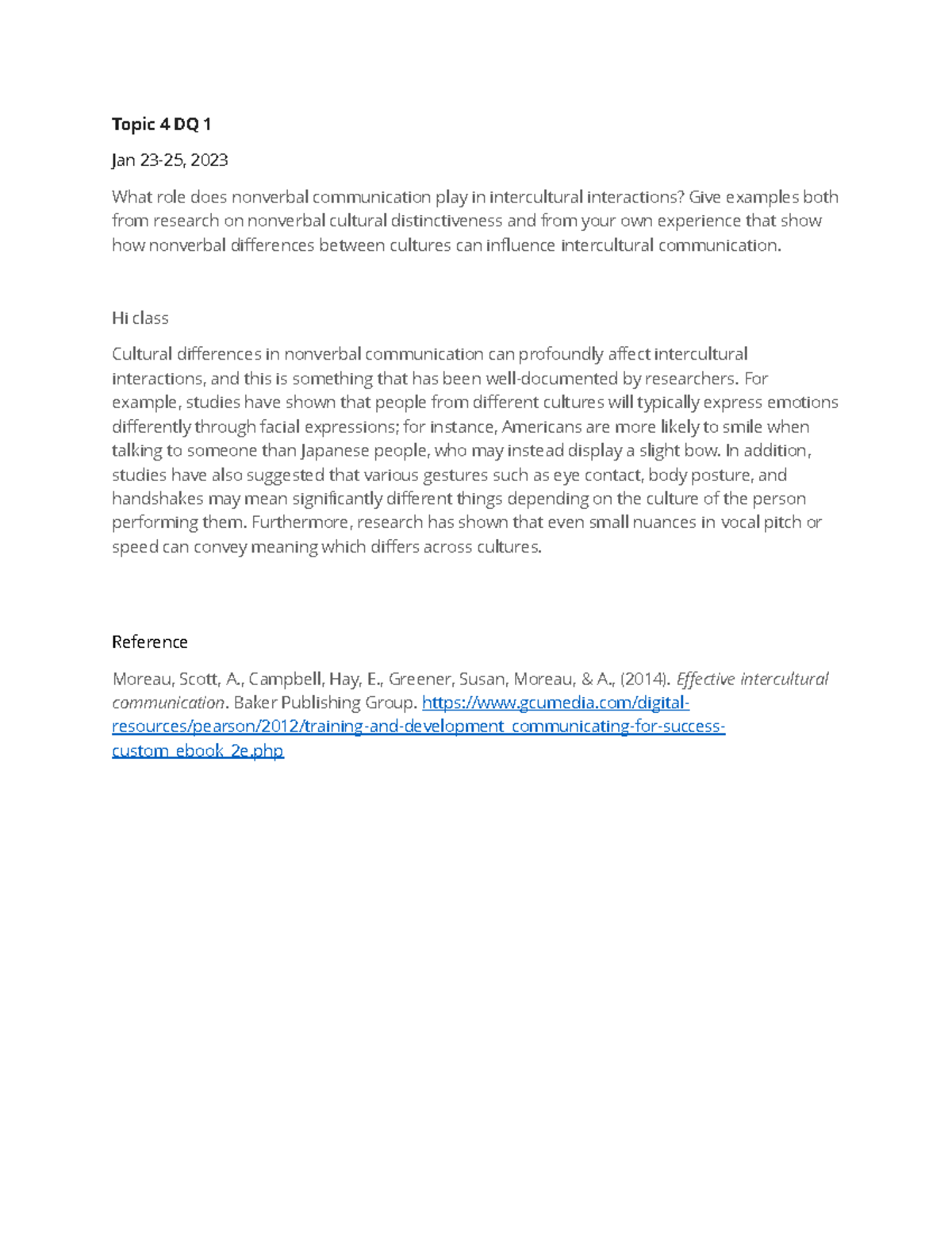 COM-263-O500 Topic 4 DQ 1: Nonverbal Communication in Culture - Studocu