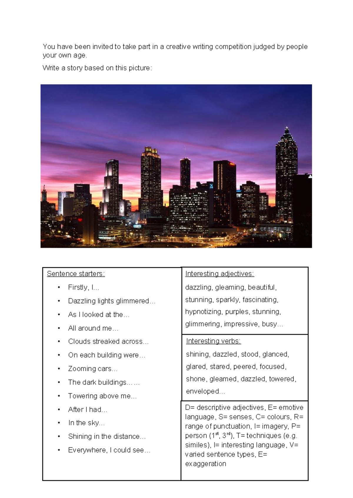Creative Writing Competition: Paper 1 Q5 - Sunset City Skyline - Studocu