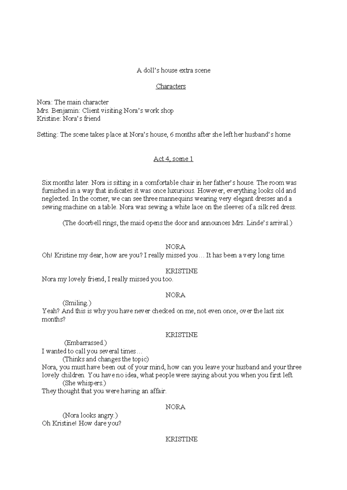 A Doll's House Act 4 Extra Scene Analysis and Character Insights - Studocu