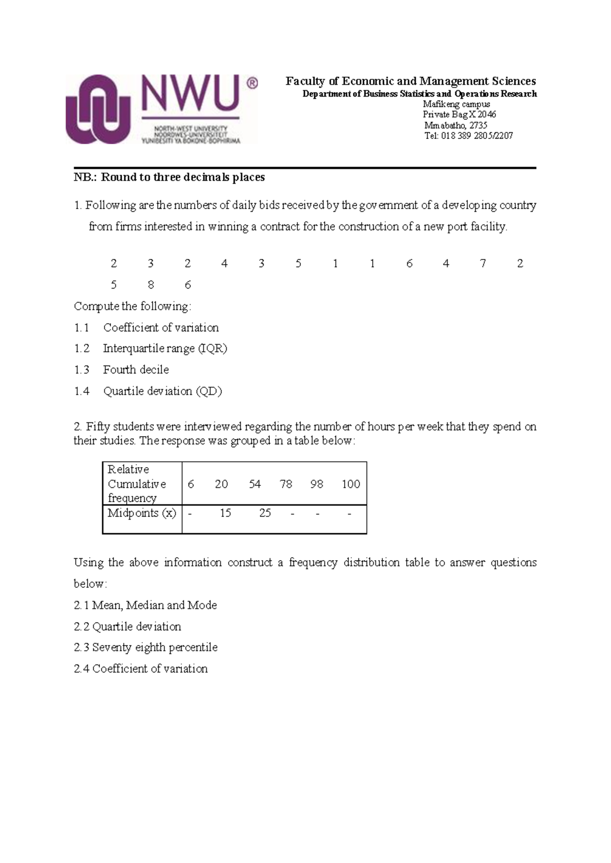 Exercise 1-2026: Statistics Practice Questions and Solutions - Studocu