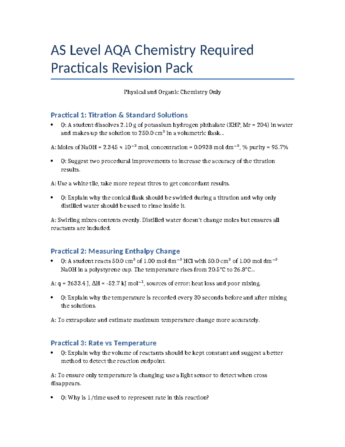 AS Level AQA Chemistry Practicals Revision Pack: Titration & Enthalpy ...