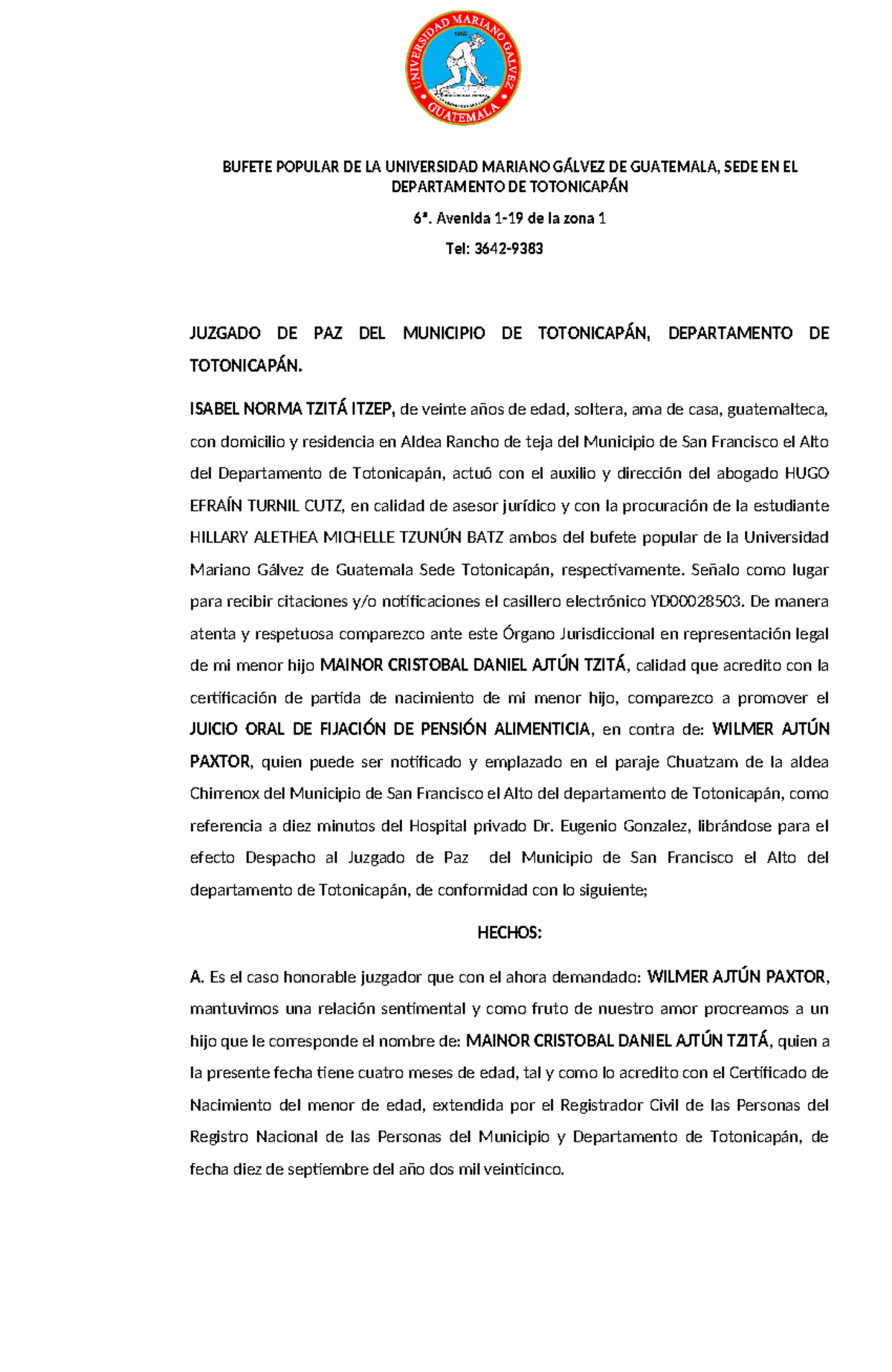 Memorial de Juicio Oral para Pensión Alimenticia - BUFETE POPULAR UMG - Document Preview
