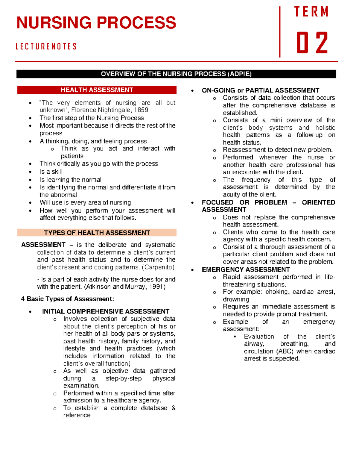NURS 2020 WEEK 1 - Lecture Notes on Health Assessment Process - Studocu