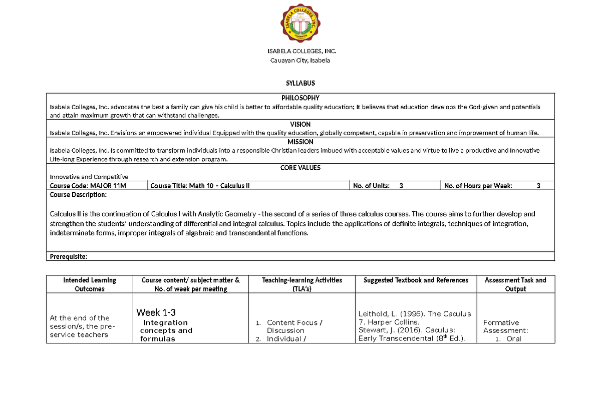 Syllbus - Caculus 2 - to make a syllabus in calculus 2 - ISABELA ...