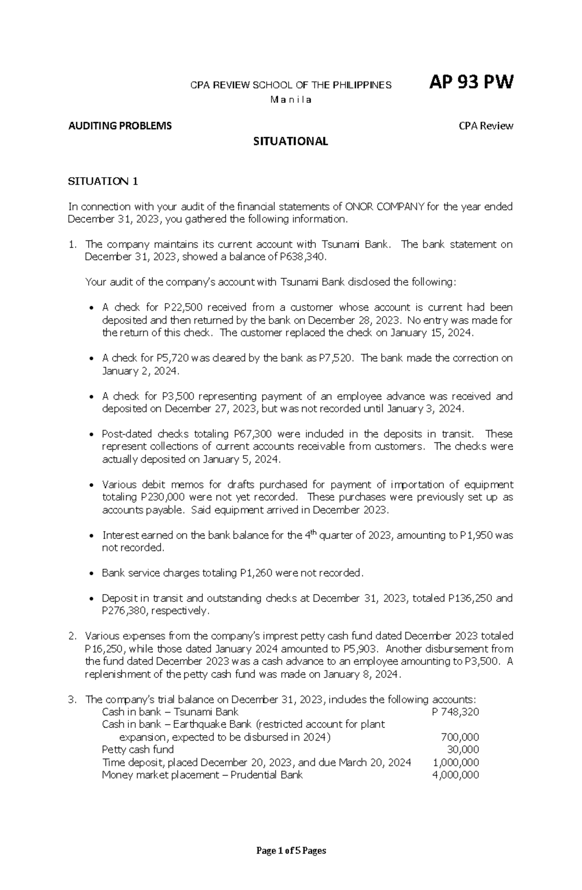 AP 93 PW - Auditing Problems Practice for CPA Review - Studocu