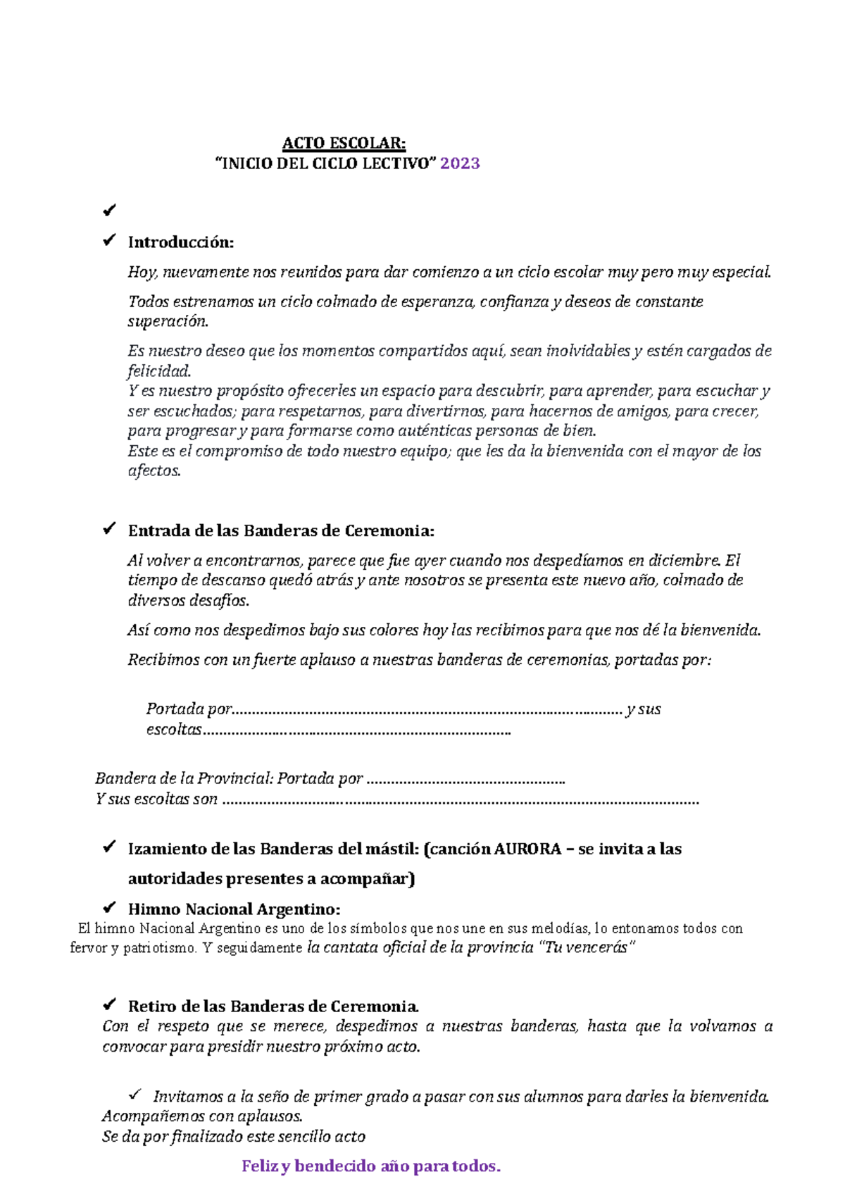 Acto Escolar: Inicio del Ciclo Lectivo 2023 - Bienvenida y Celebración ...