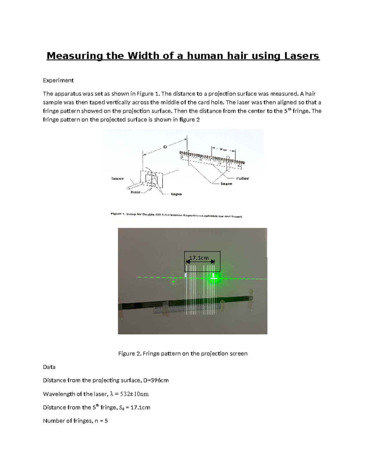 Physics Lab Report 1: Measuring Human Hair Width with Lasers - Studocu