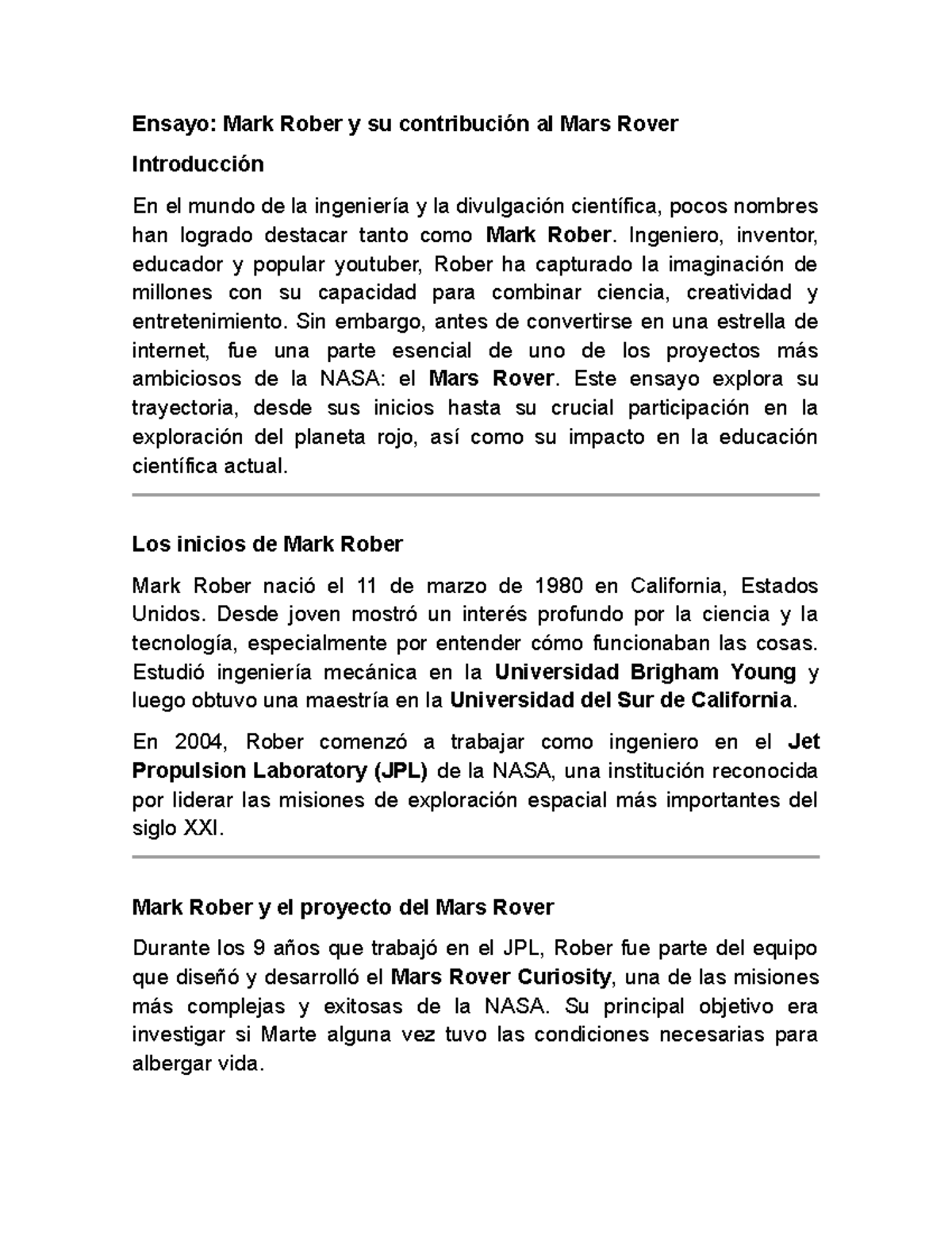 Ensayo: La Contribución de Mark Rober al Mars Rover - Studocu