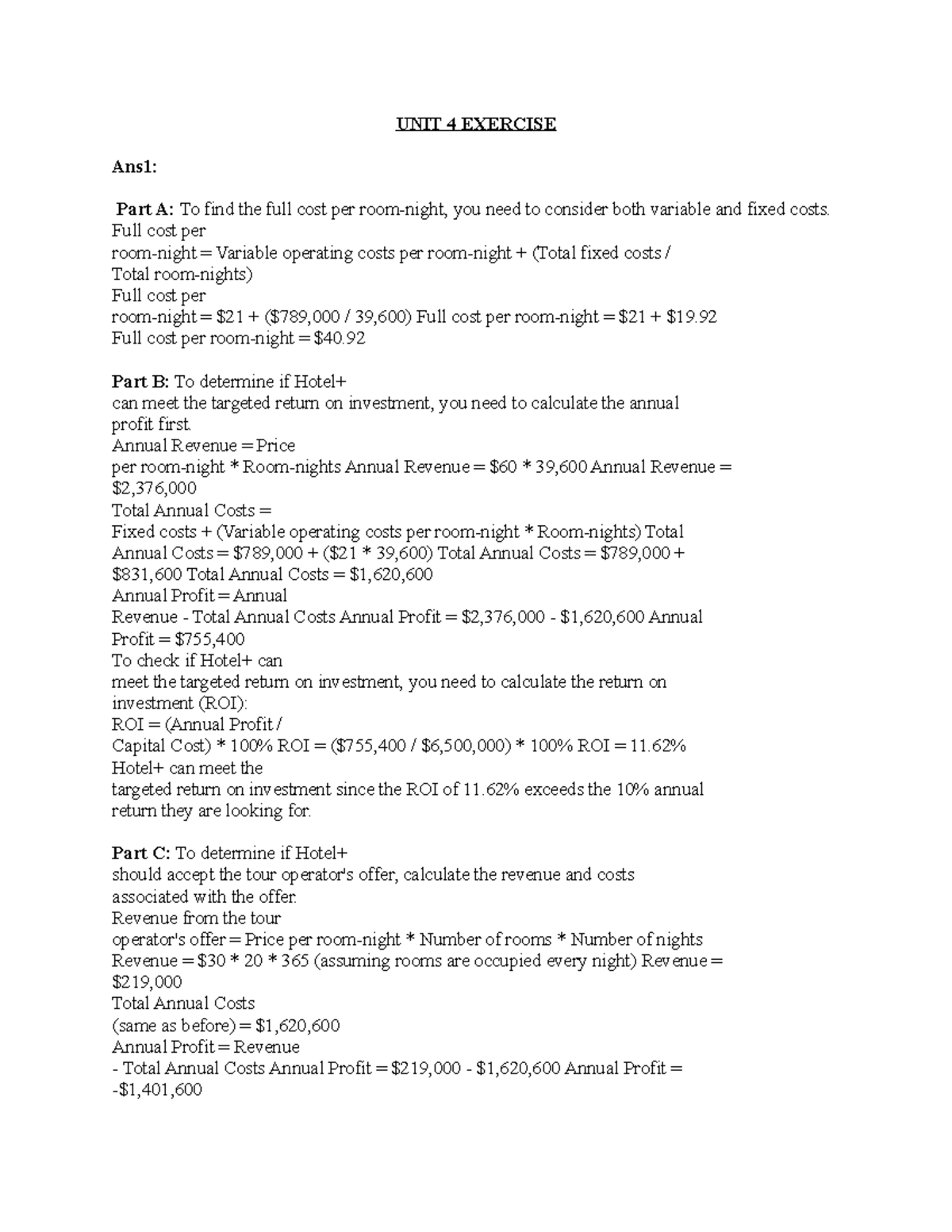 UNIT 4 Exercise - Solutions for Cost Analysis and Profitability - Studocu