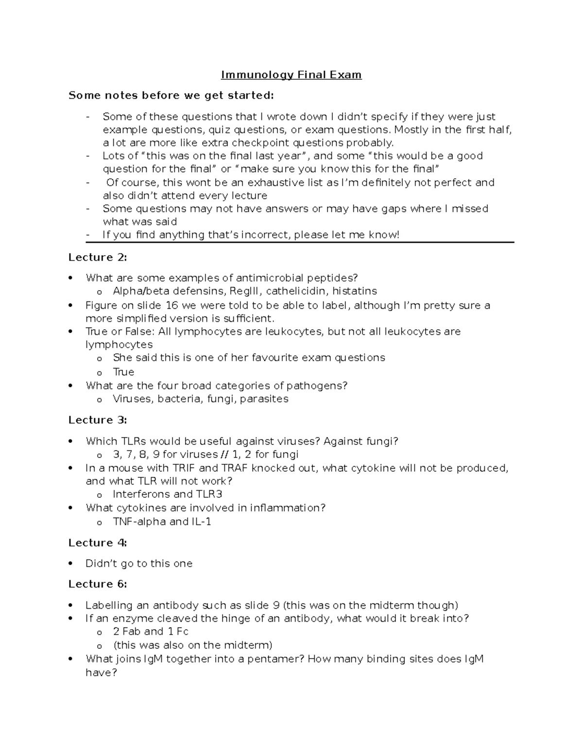 MICR3230 Final Exam Review: Immune Response & Infectious Diseases ...