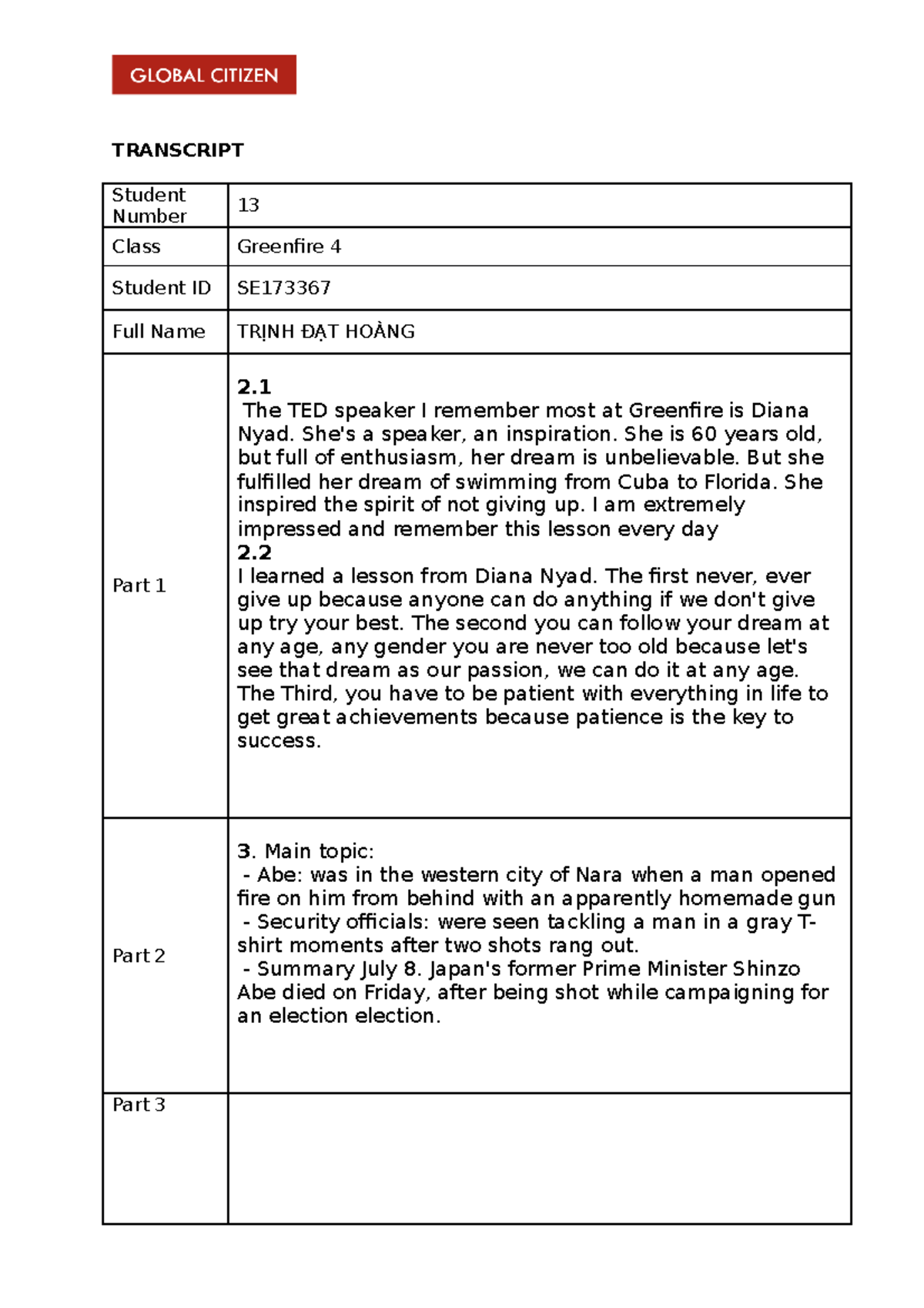 Transcript Template for Student SE - Greenfire Class 4 - Studocu
