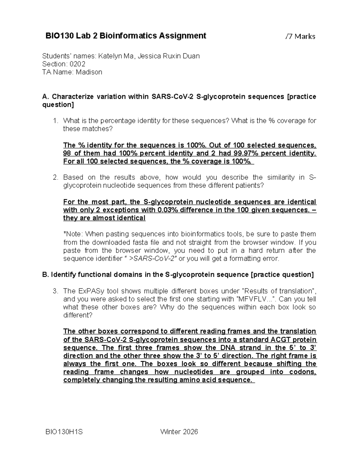 BIO130H1S Winter 2026 Lab 2 Bioinformatics Assignment Analysis - Studocu