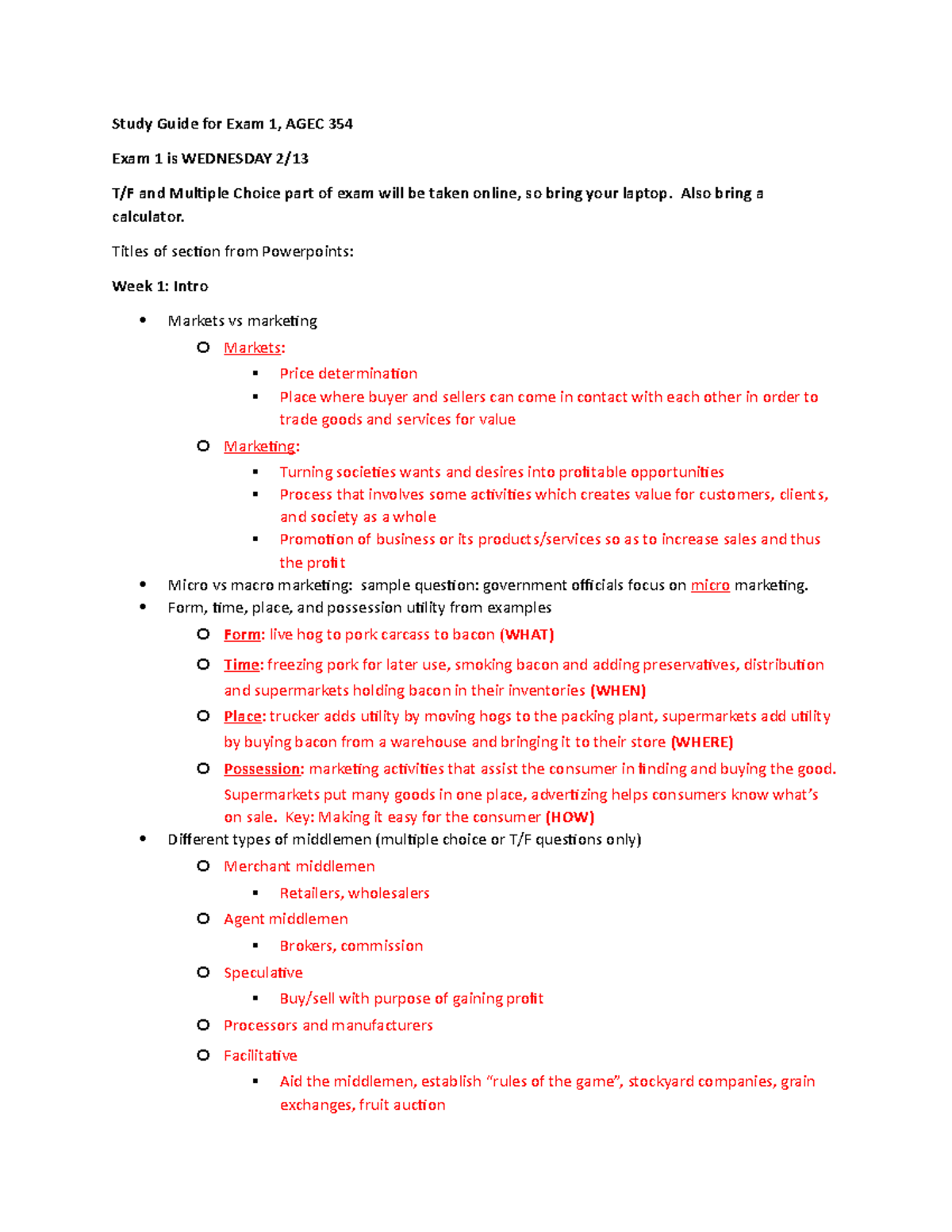 AGEC 354 Study Guide for Exam 1: Key Concepts and Marketing Strategies ...