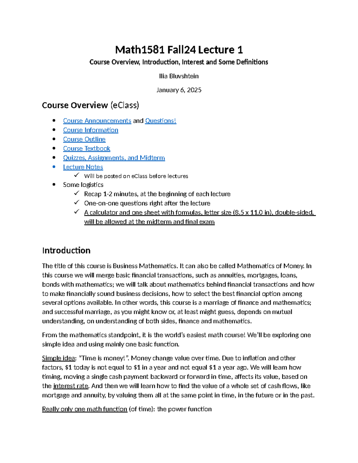 Math1581 Fall24 Lecture 1: Intro to Business Mathematics & Interest ...