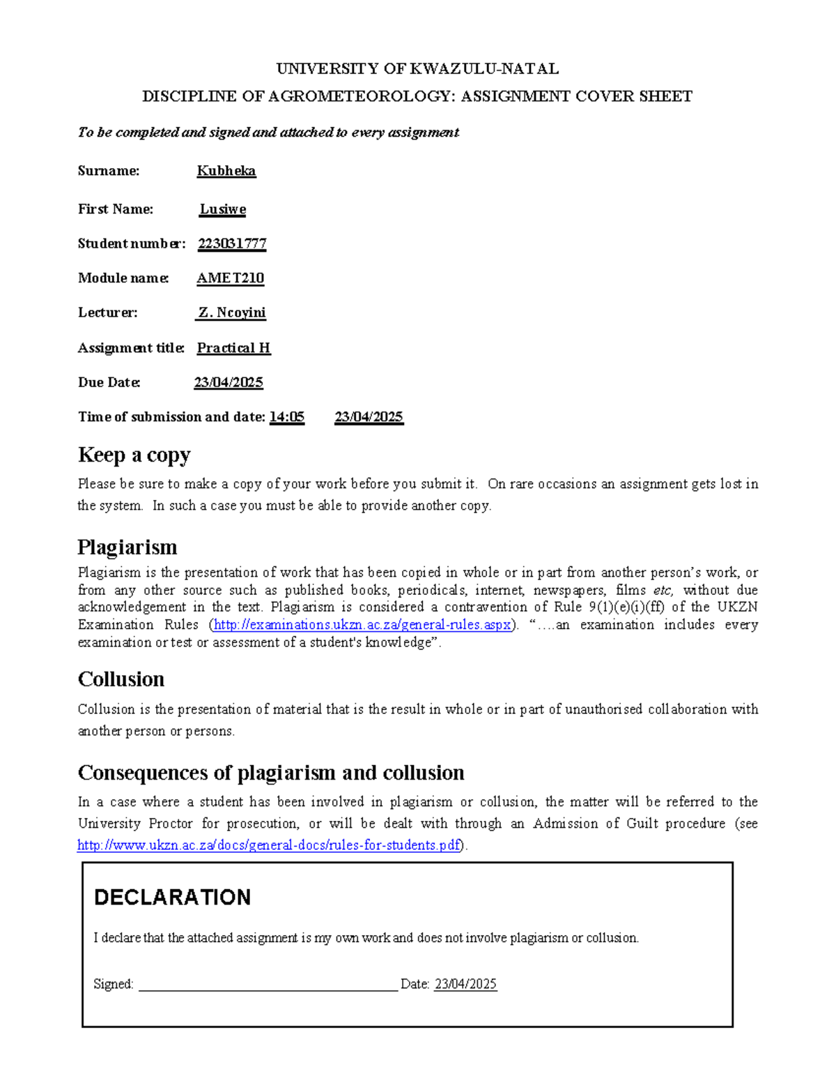 AMET210: Practical H Assignment Cover Sheet & Plagiarism Policy - Studocu