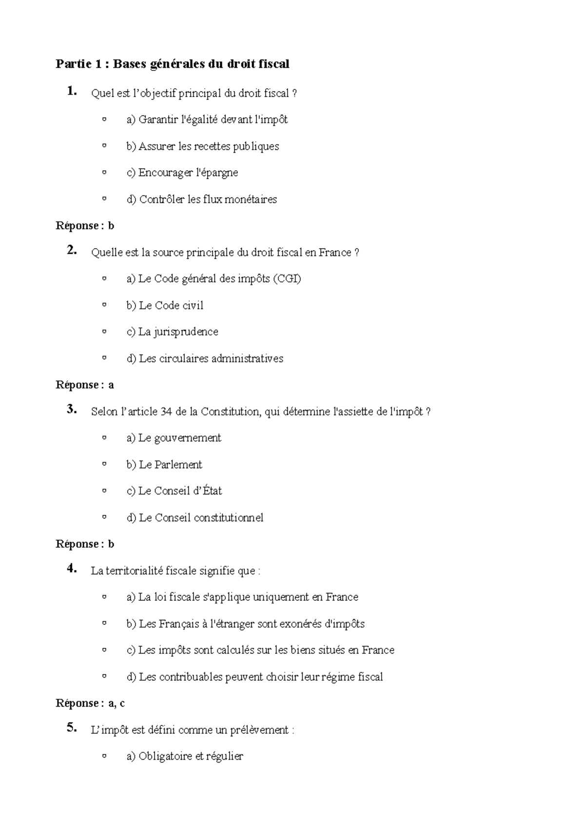 QCM Droit Fiscal - QCM - Partie 1 : Bases générales du droit fiscal 1 ...