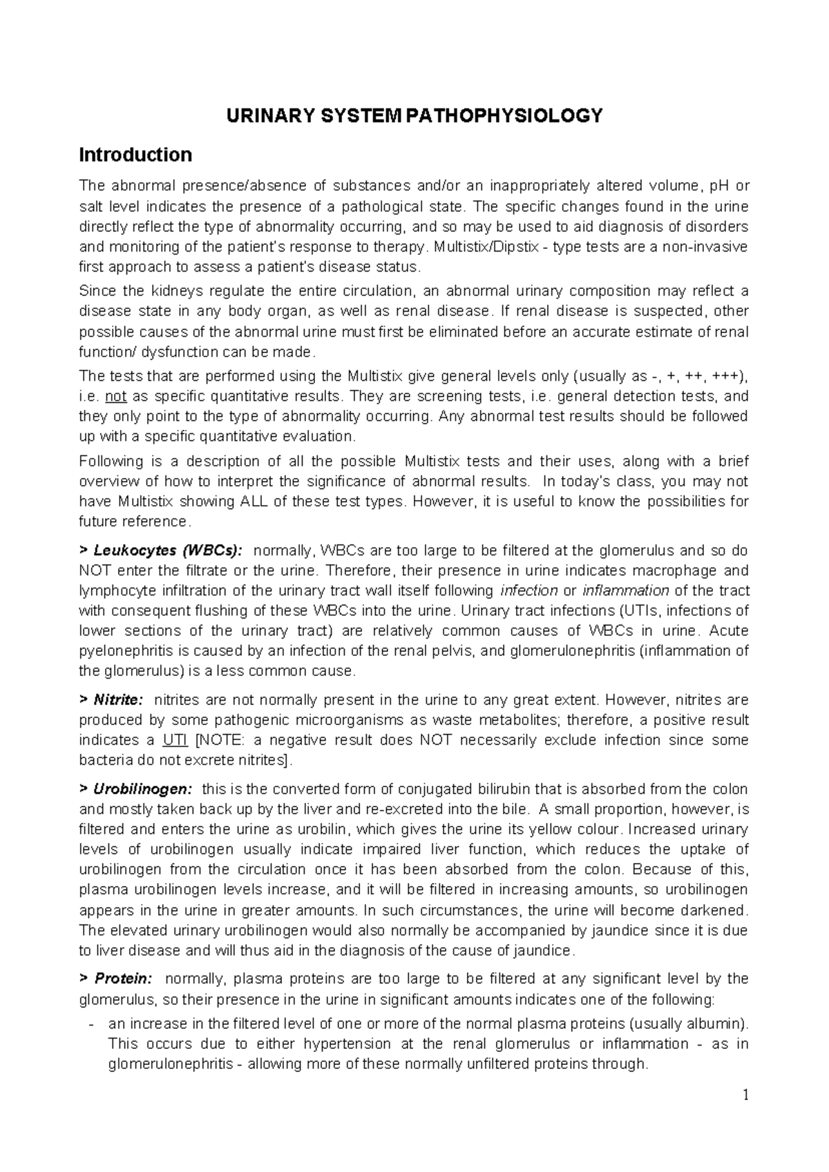 Urinary System Pathophysiology - Week 7 Lecture Notes - Studocu