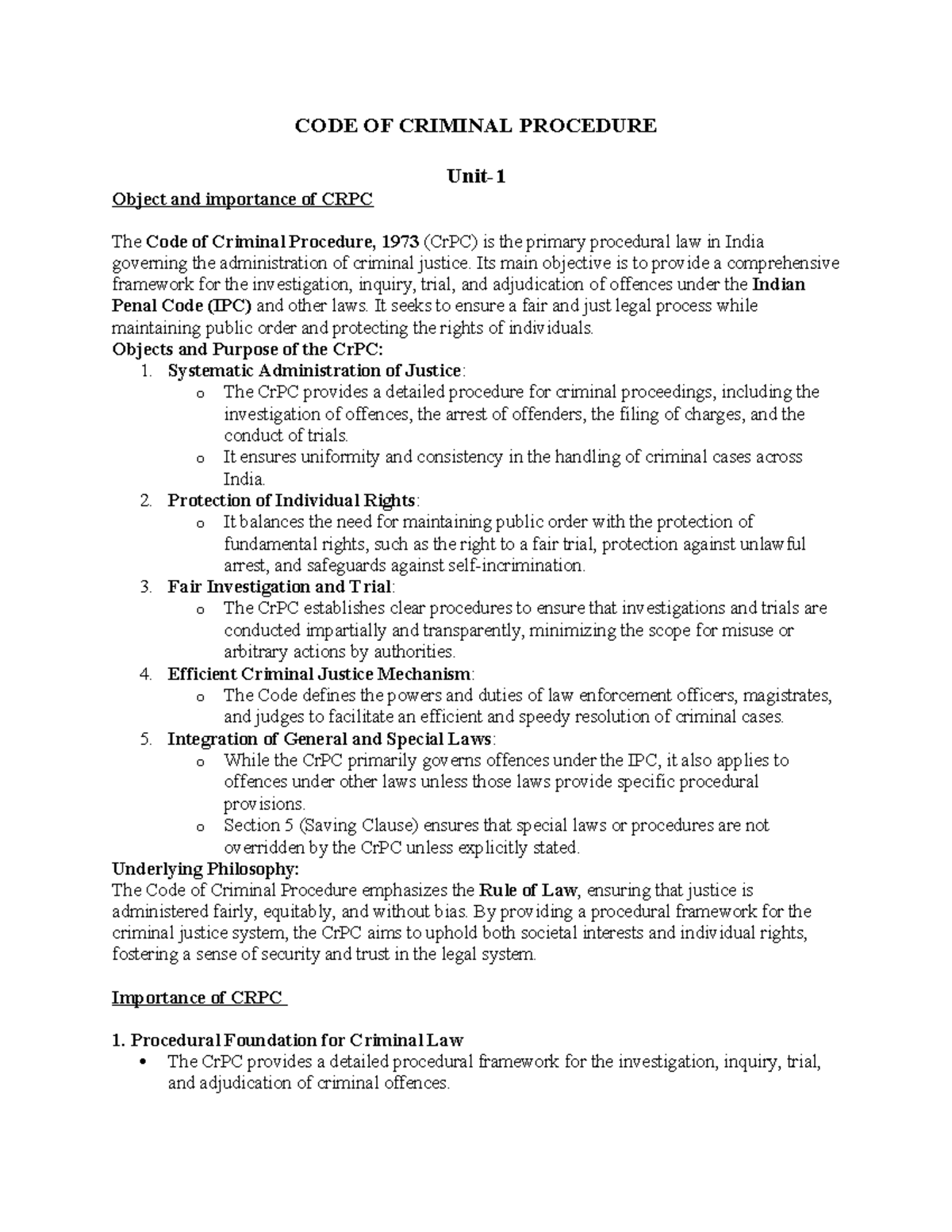 Unit 1 & 2 Notes on Code of Criminal Procedure (CrPC) - GGSIPU - Studocu
