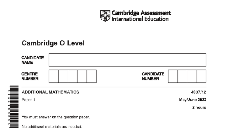 Cambridge O Level 4037 Additional Mathematics 2023 Paper 1 Revision ...