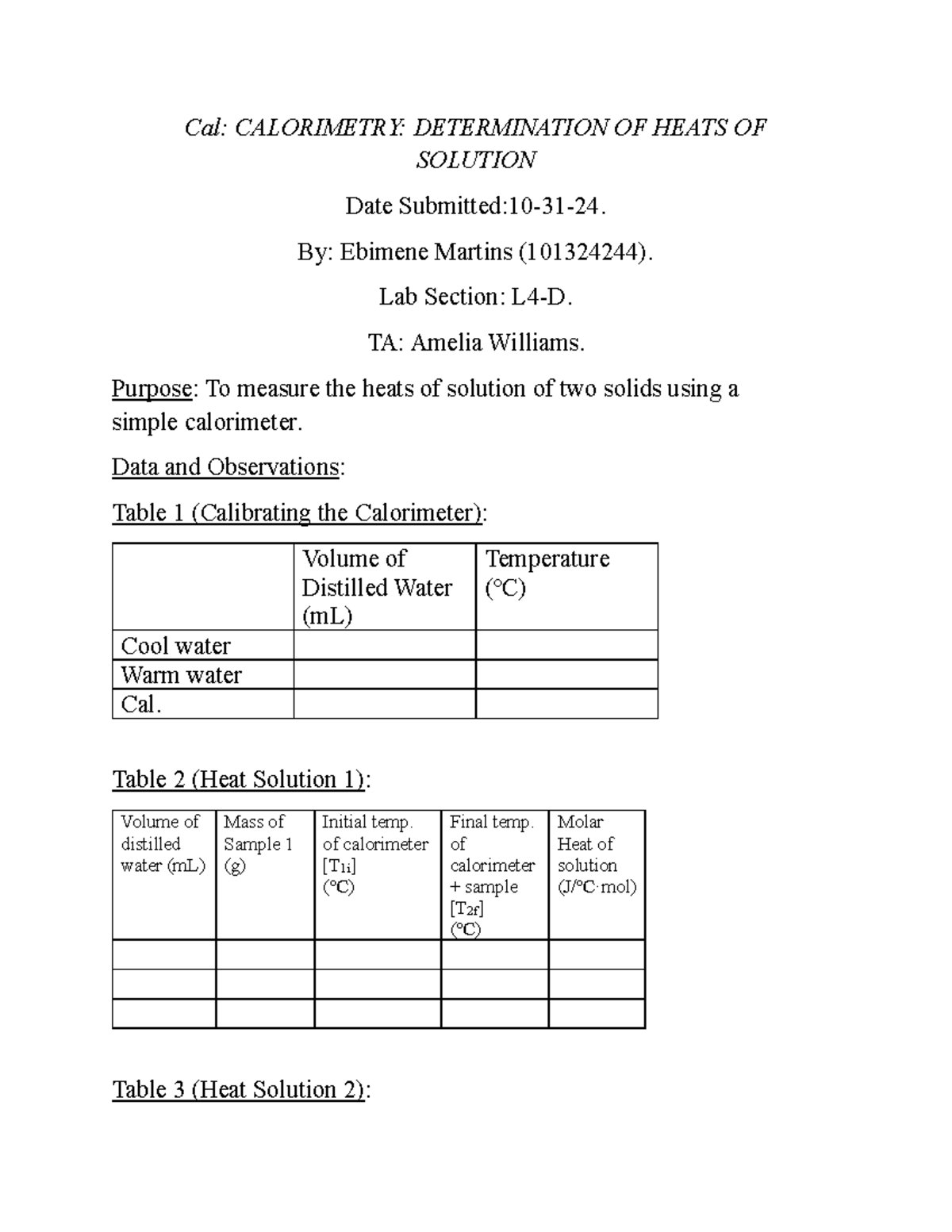 CAL: Pre-Lab #3 on Calorimetry and Heats of Solution - Studocu