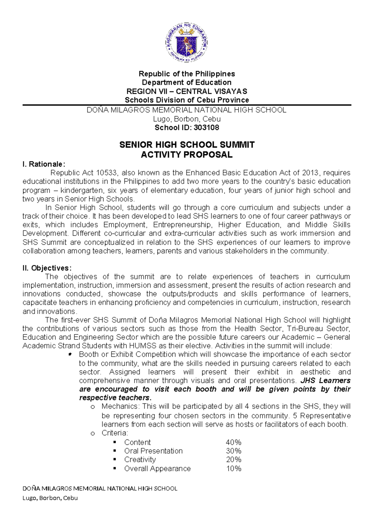 Activity Proposal for Senior High School Summit - DMNMHS - Studocu