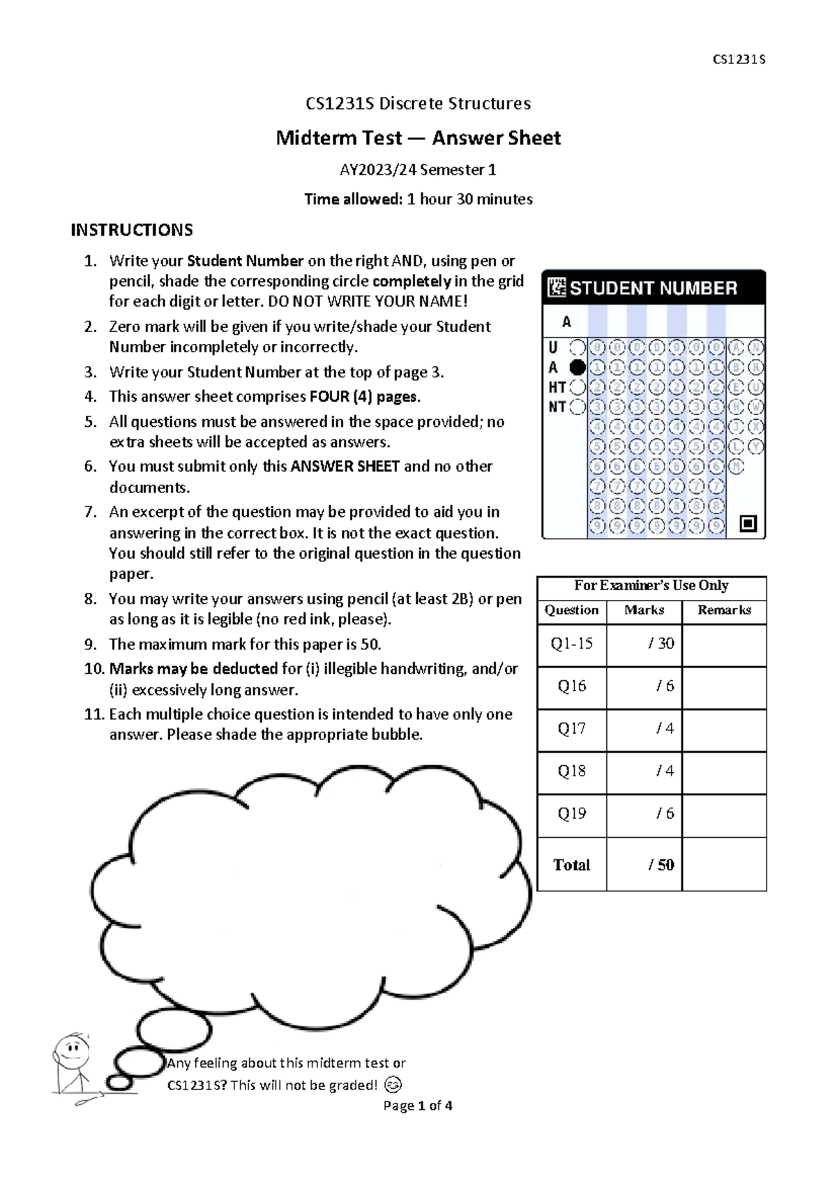CS1231S Discrete Structures Midterm Test Answer Sheet Semester 1 - Studocu