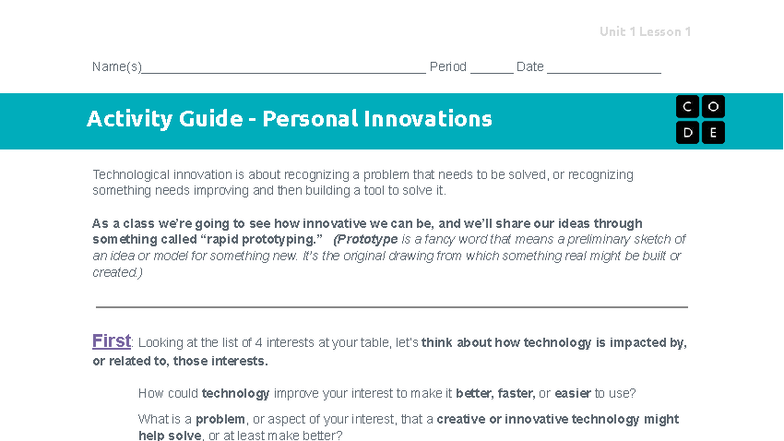 CSP1 Unit 1 Lesson 1 Activity Guide: Personal Innovations - Studocu