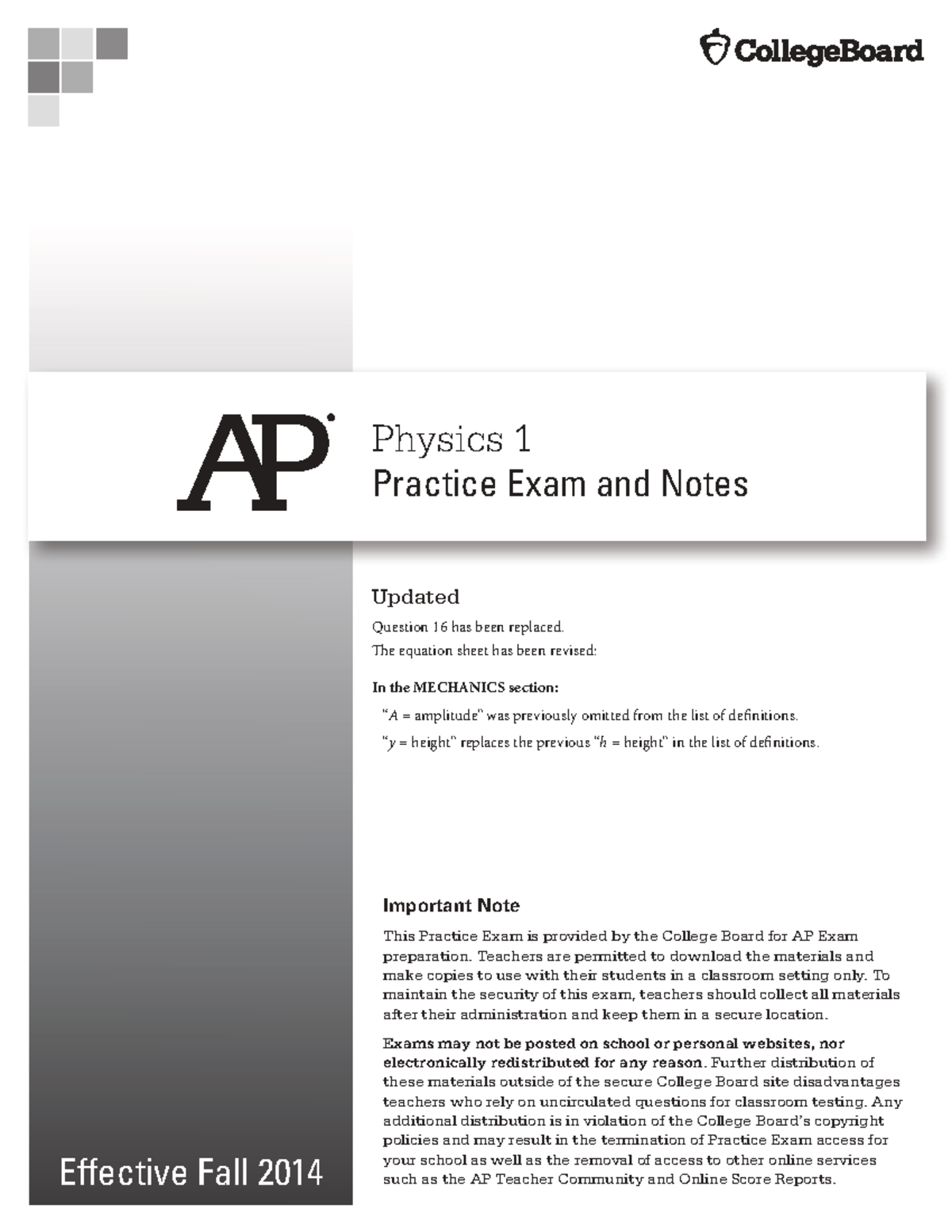 AP Physics 1 Practice Exam 2014: Updated Questions and Notes - Studocu