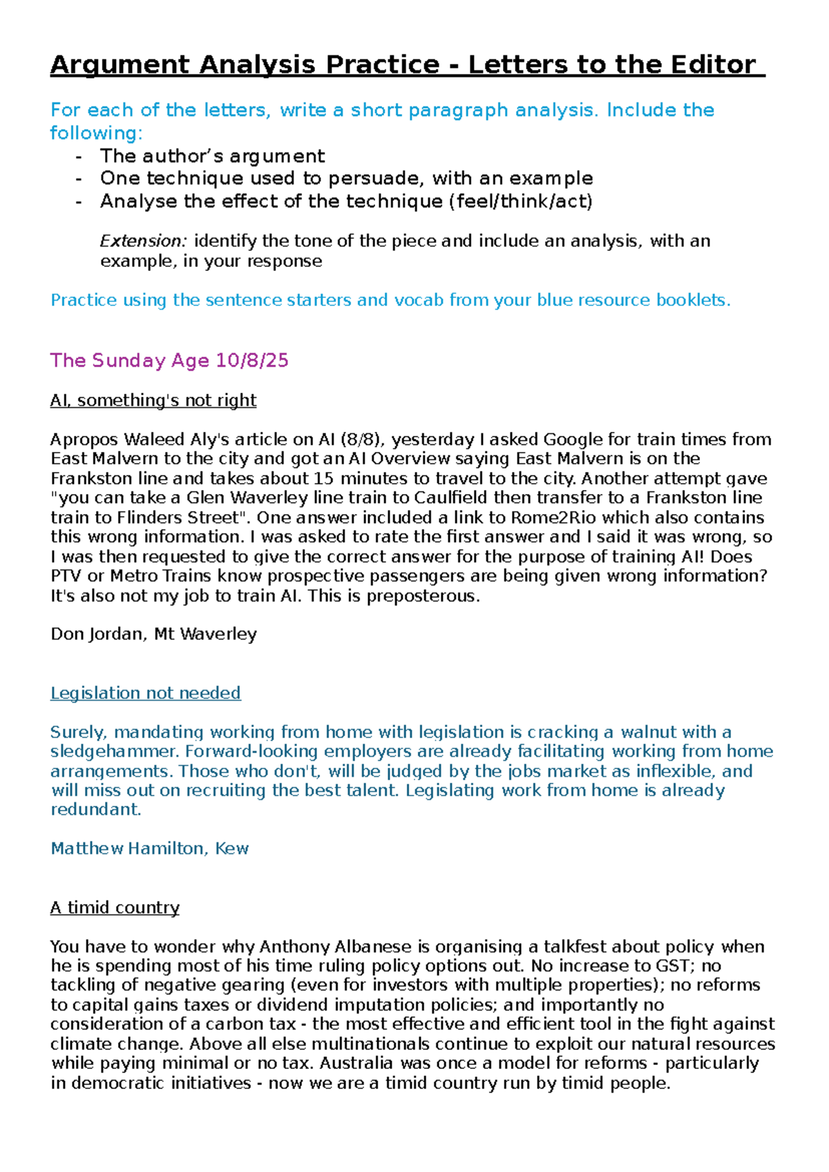 Argument Analysis Practice: Letters to the Editor (ENG101) - Studocu
