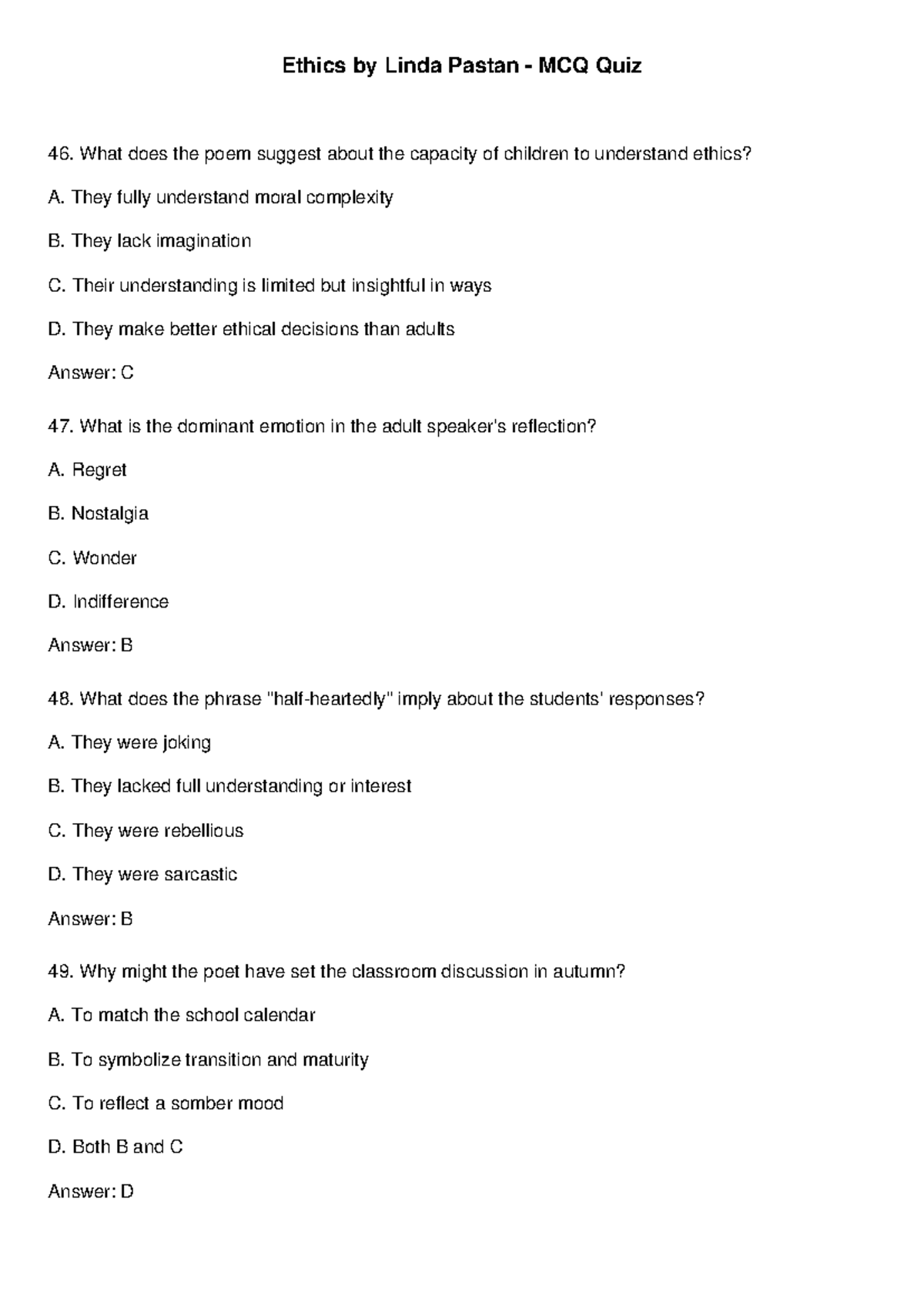 Ethics by Linda Pastan: MCQ Quiz Insights & Analysis - Studocu