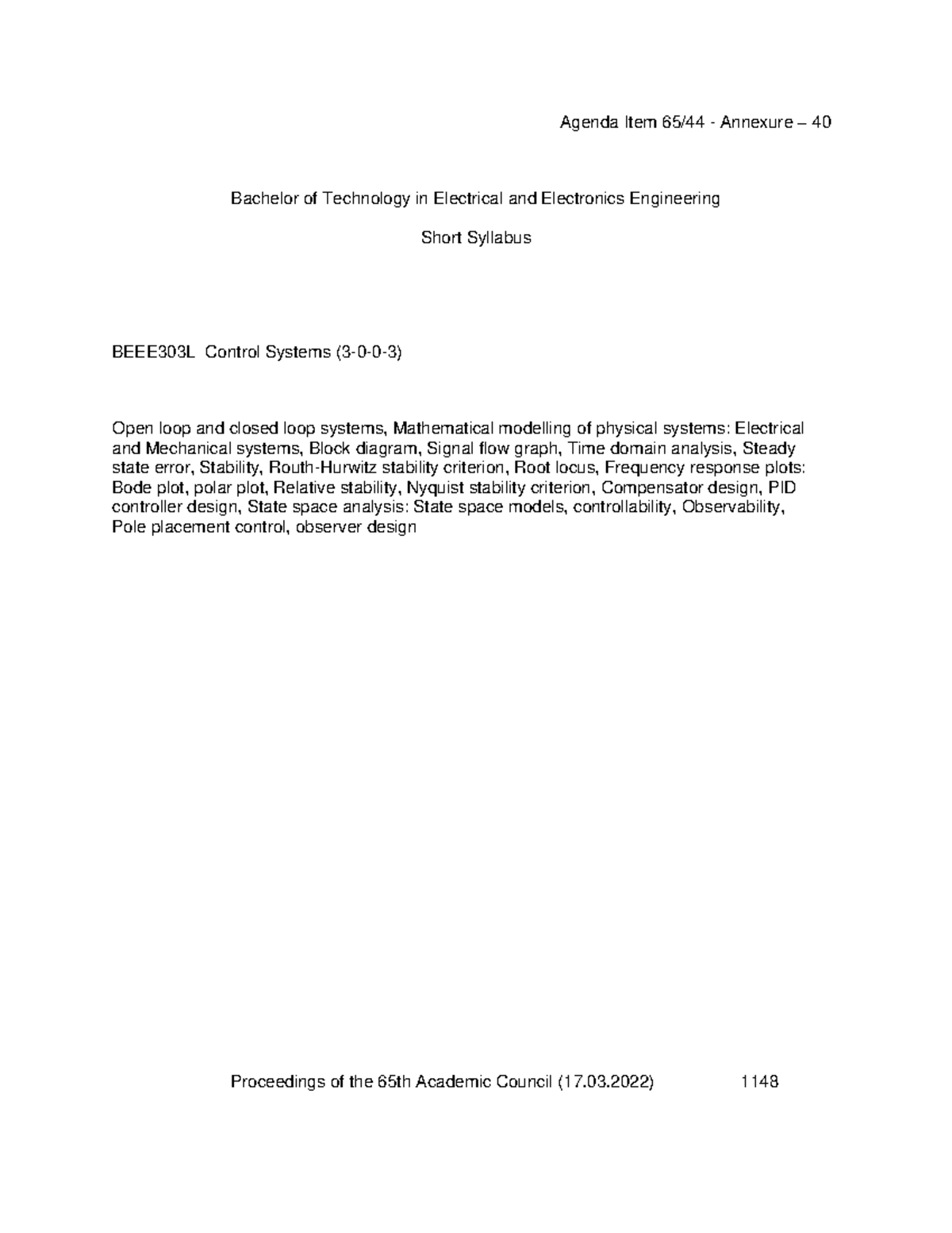 BEEE303L Control Systems Syllabus and Course Overview - Studocu