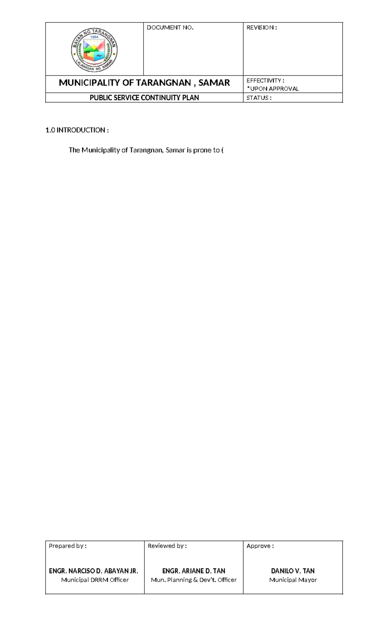 Public Service Continuity Plan - Public Management 231 - DOCUMENT NO ...