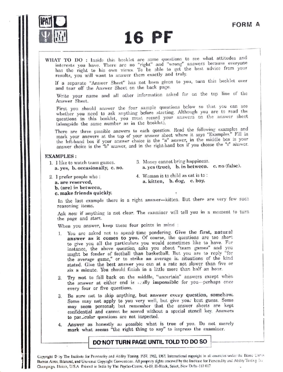 16 PF Questionnaire Instructions and Sample Questions - Studocu