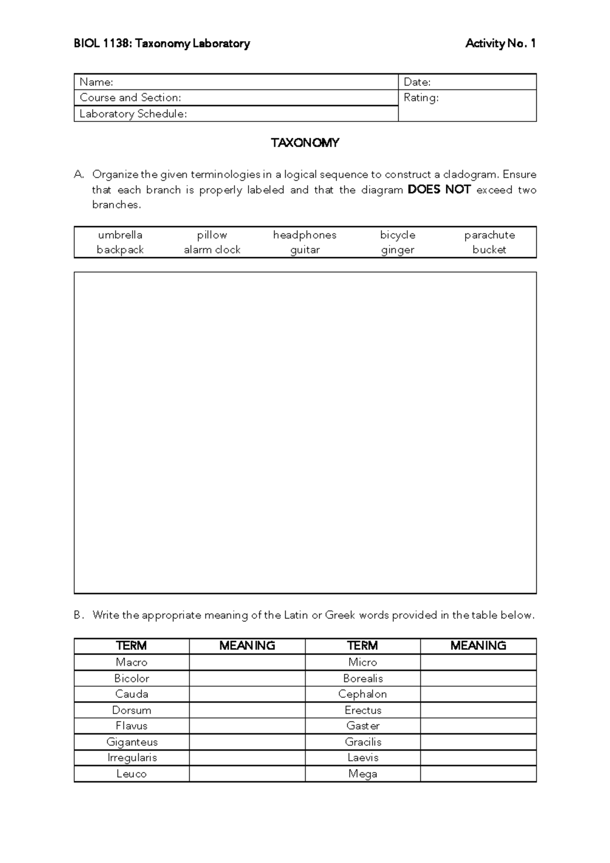 BIOL 1138: Taxonomy Lab Activity No. 1 - Cladogram Construction - Studocu