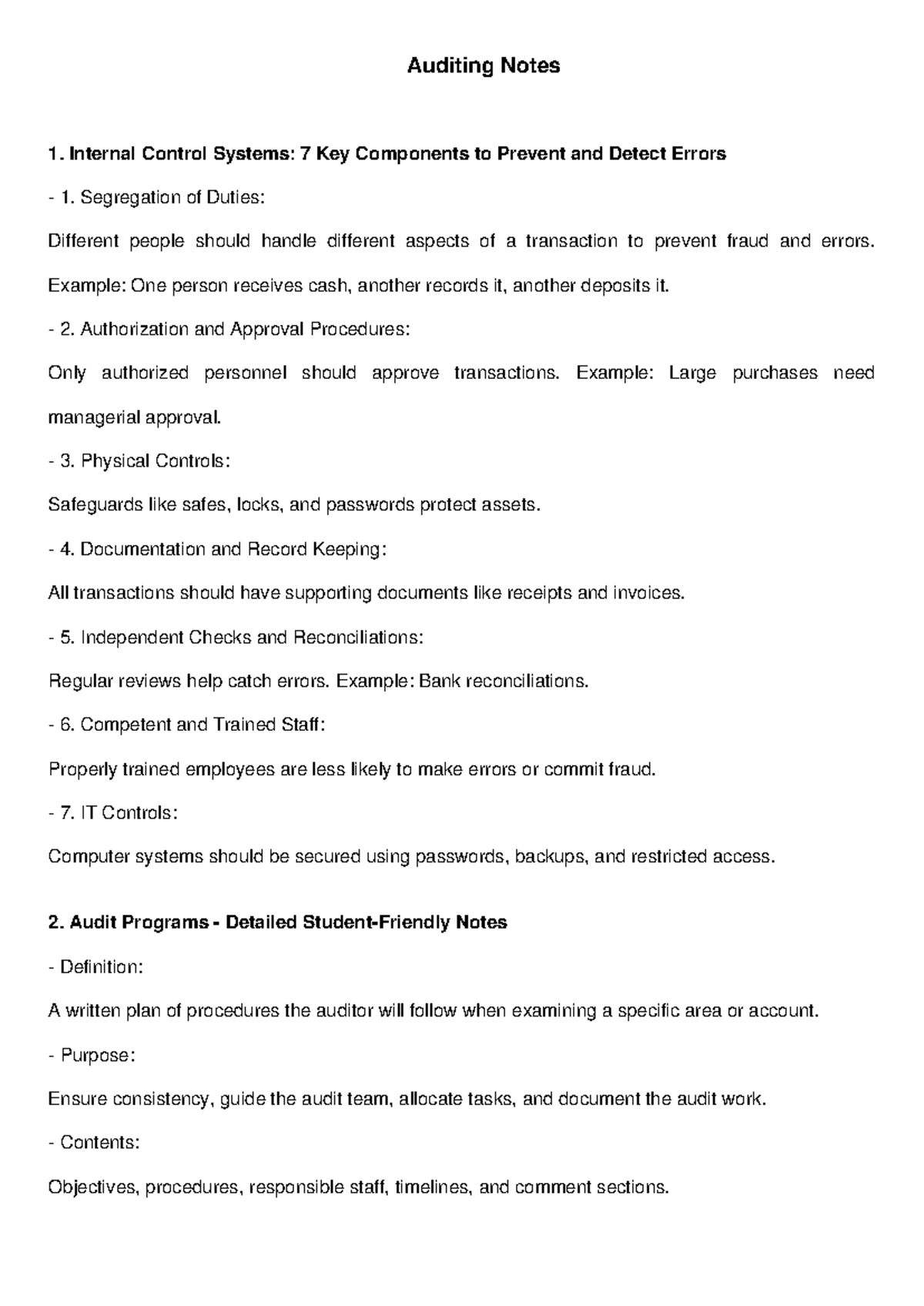 Auditing Notes: Internal Controls & Audit Programs Overview - Studocu