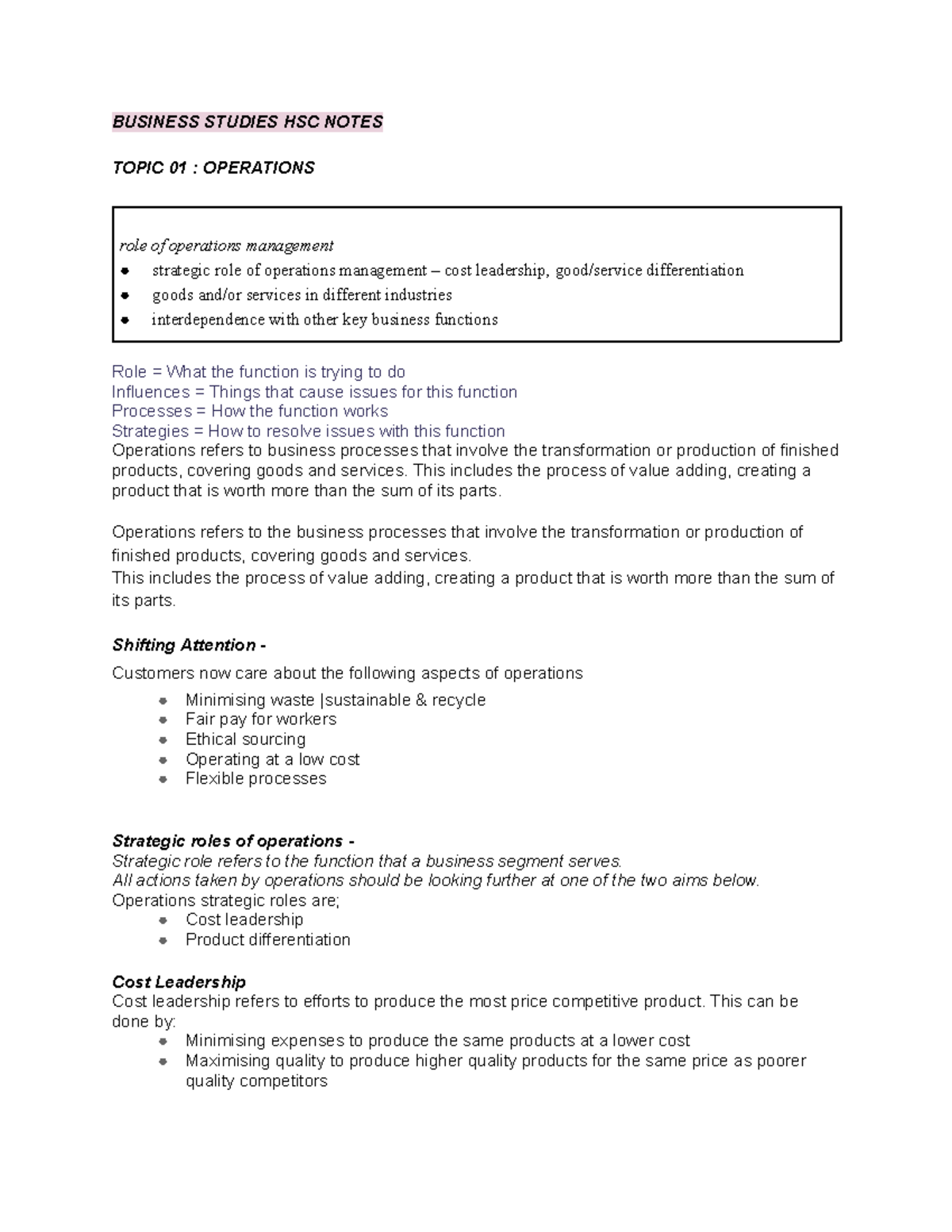 Business Studies HSC Notes: Topic 01 - Operations Management Insights ...