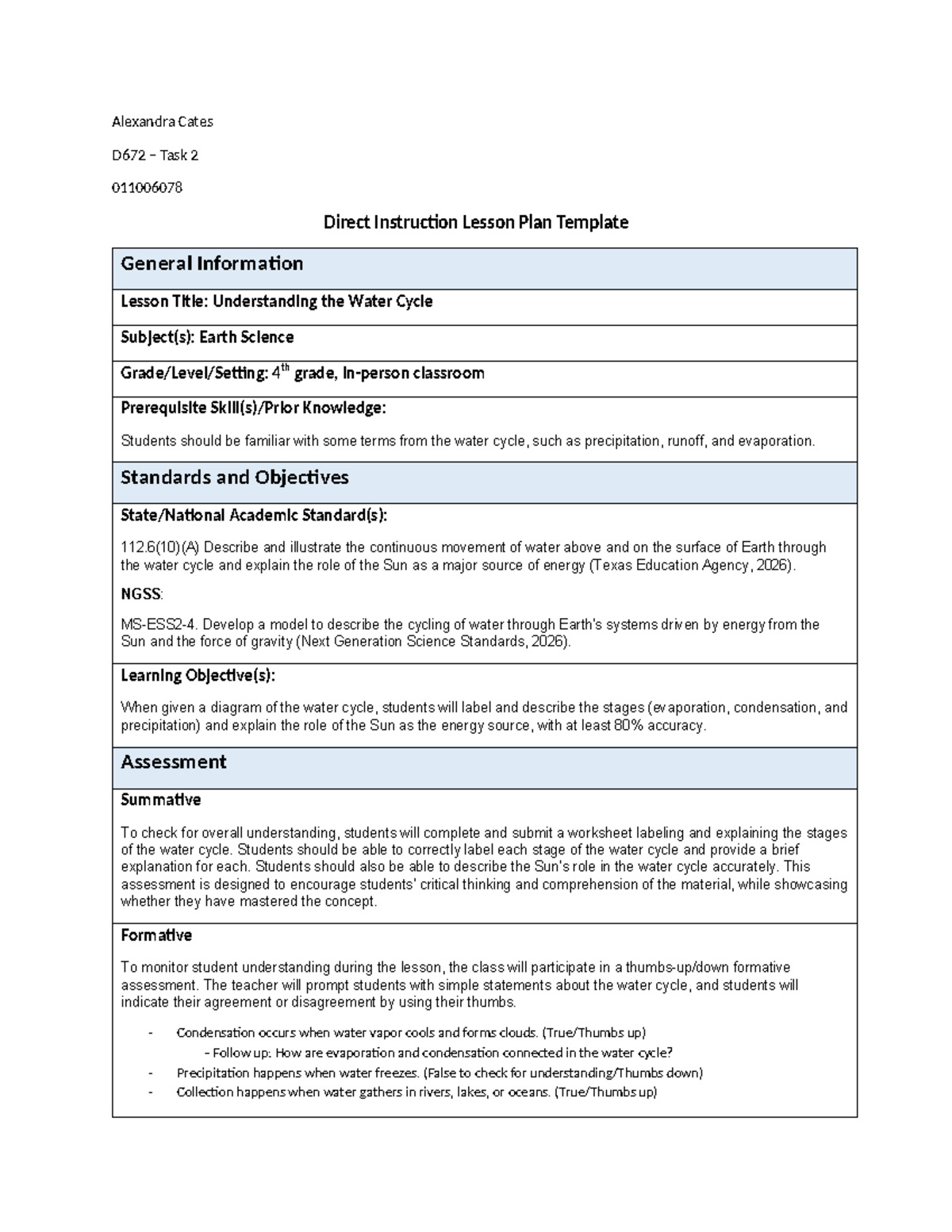 D672 Task 2: Direct Instruction Lesson Plan on the Water Cycle - Studocu
