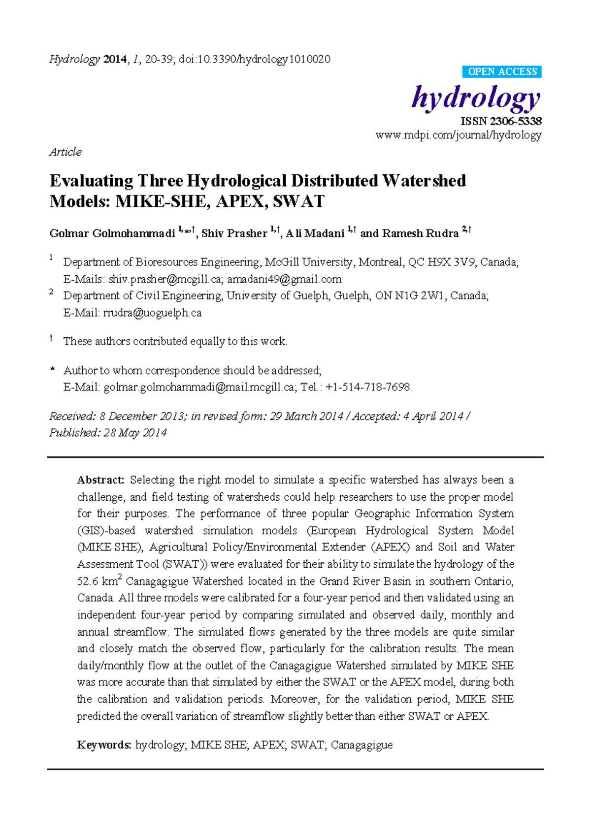 Evaluating Hydrological Models: APEX, SWAT, and MIKE SHE (HYD 2014 ...