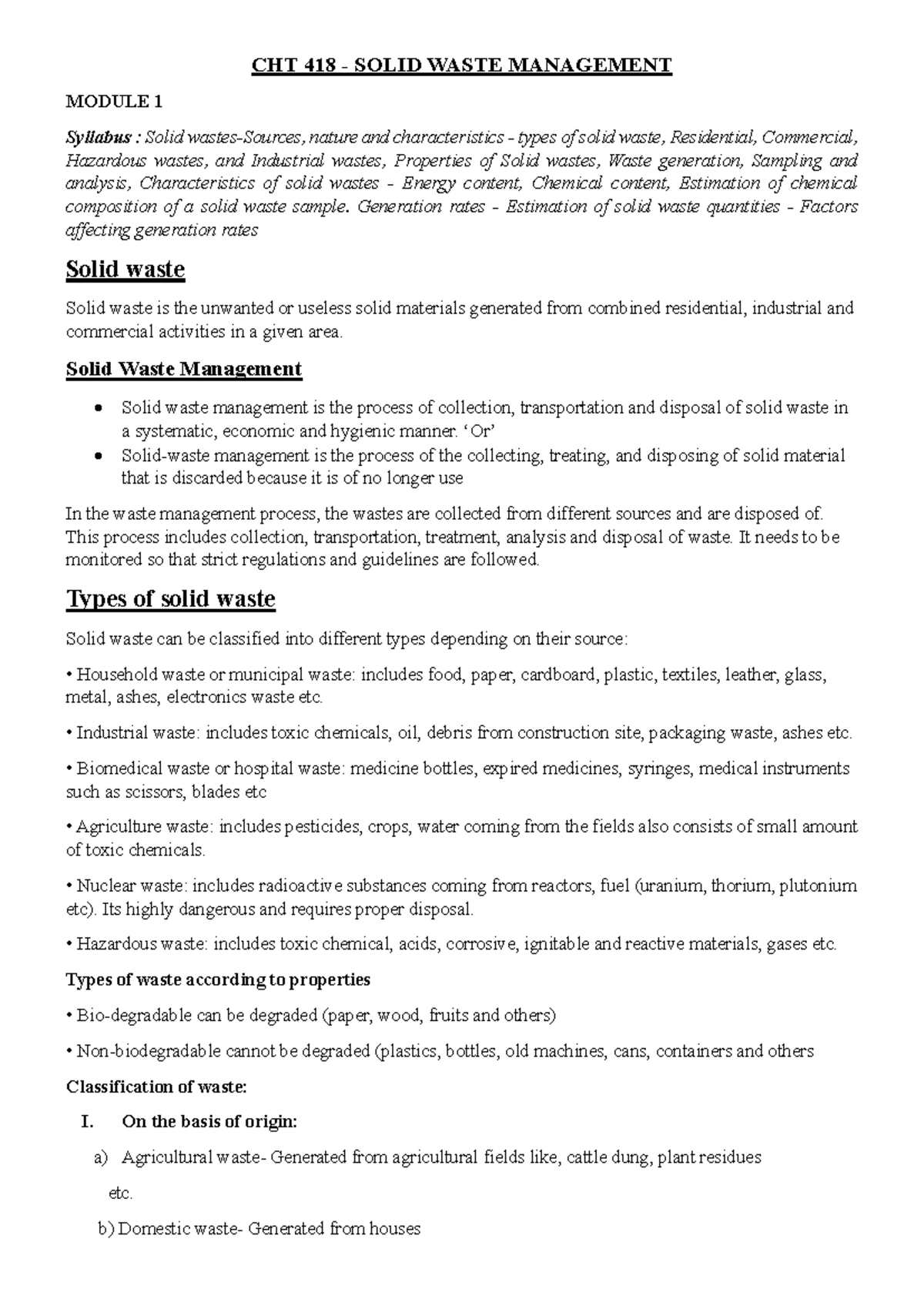 SWM CHT 418 - Module 1 Notes on Solid Waste Management - Studocu