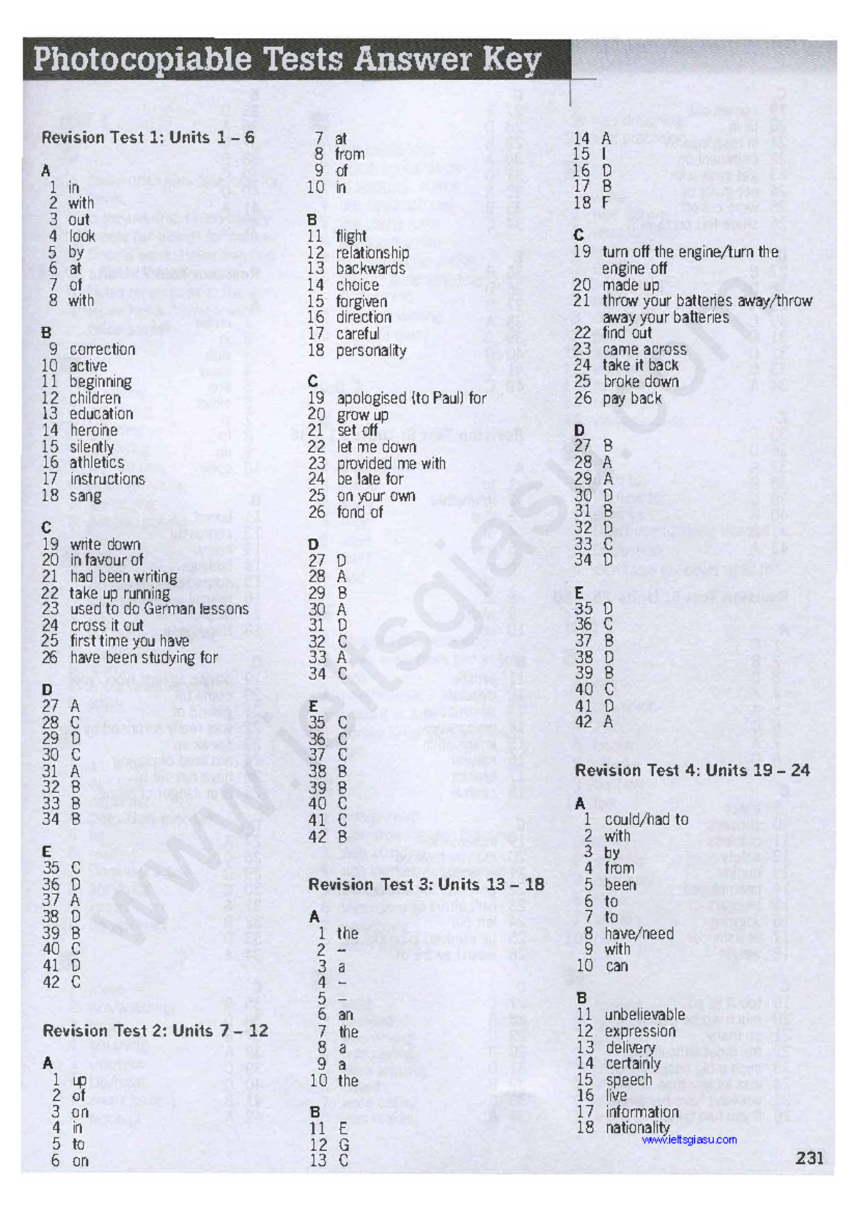 Key Destination B1: Photocopiable Tests Answer Key (Units 1-42) - Studocu