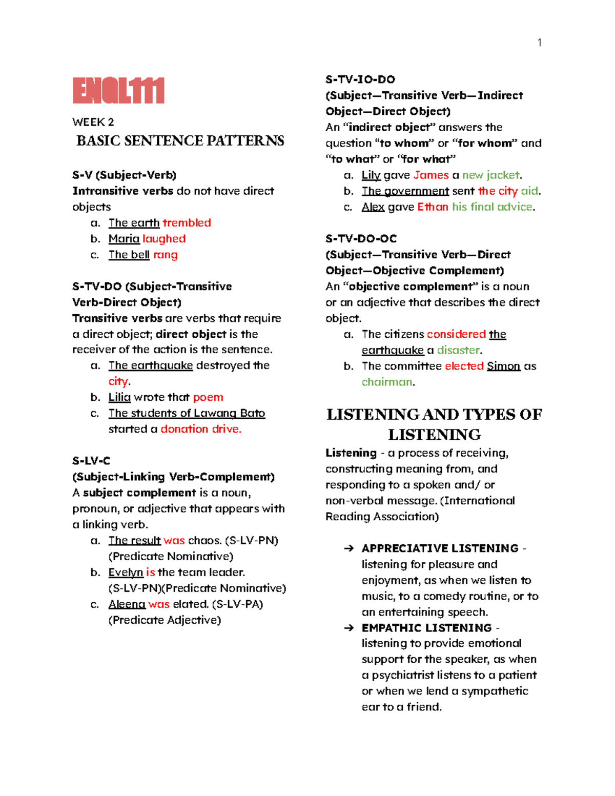 UNDS ENGL-1 - Week 2 & 3 Notes: Sentence Patterns and Listening - Studocu