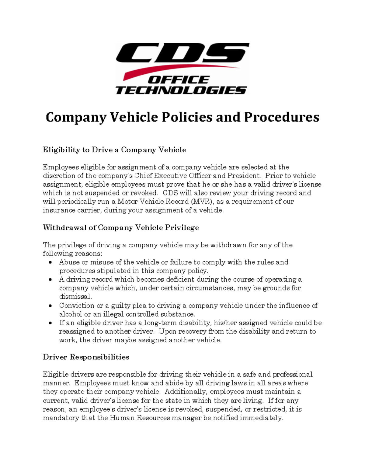 CDS Company Vehicle Policy Guidelines and Procedures - Studocu