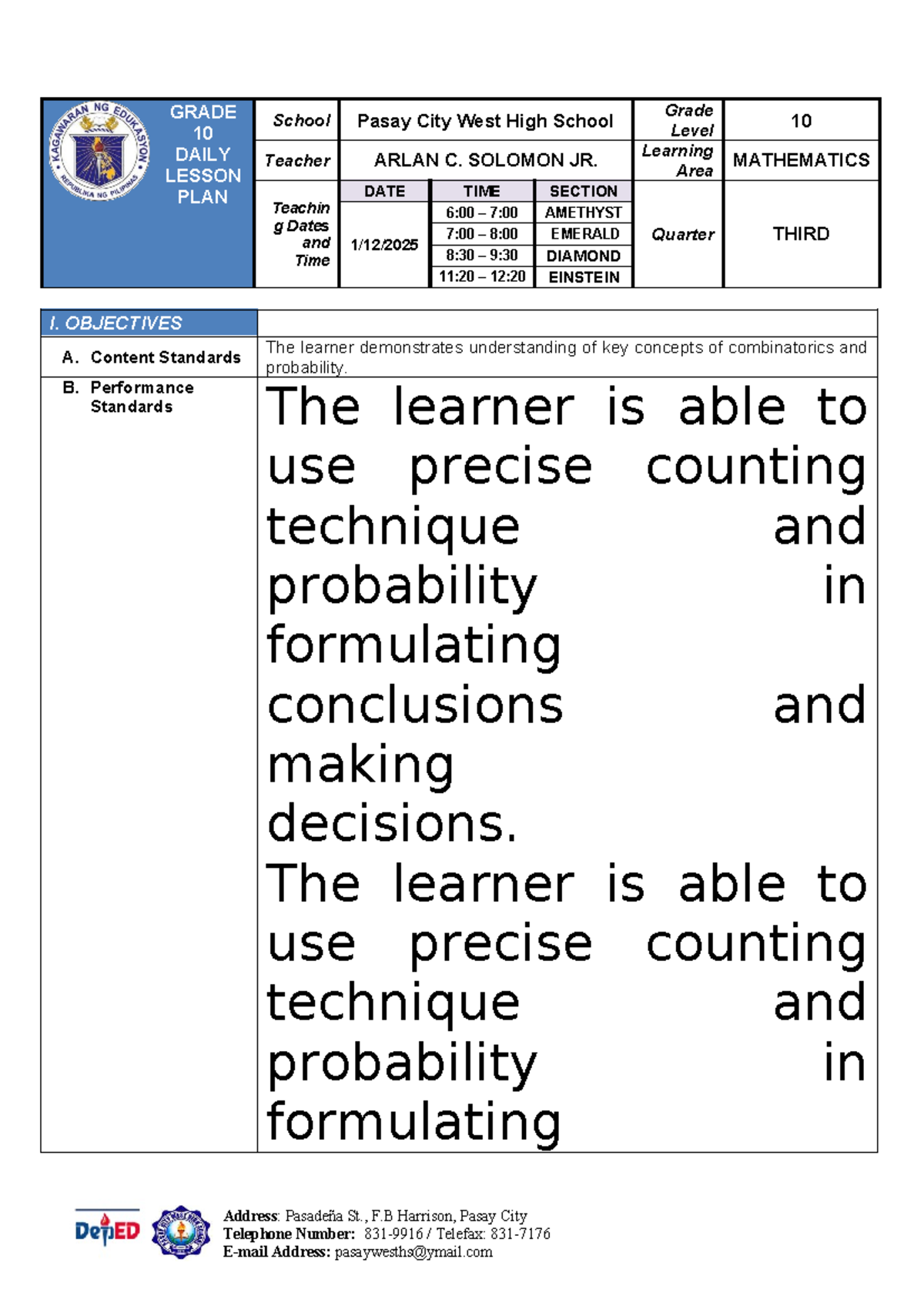 GRADE 10 MATHEMATICS Q3 DAILY LESSON PLAN: UNION & INTERSECTION - Studocu