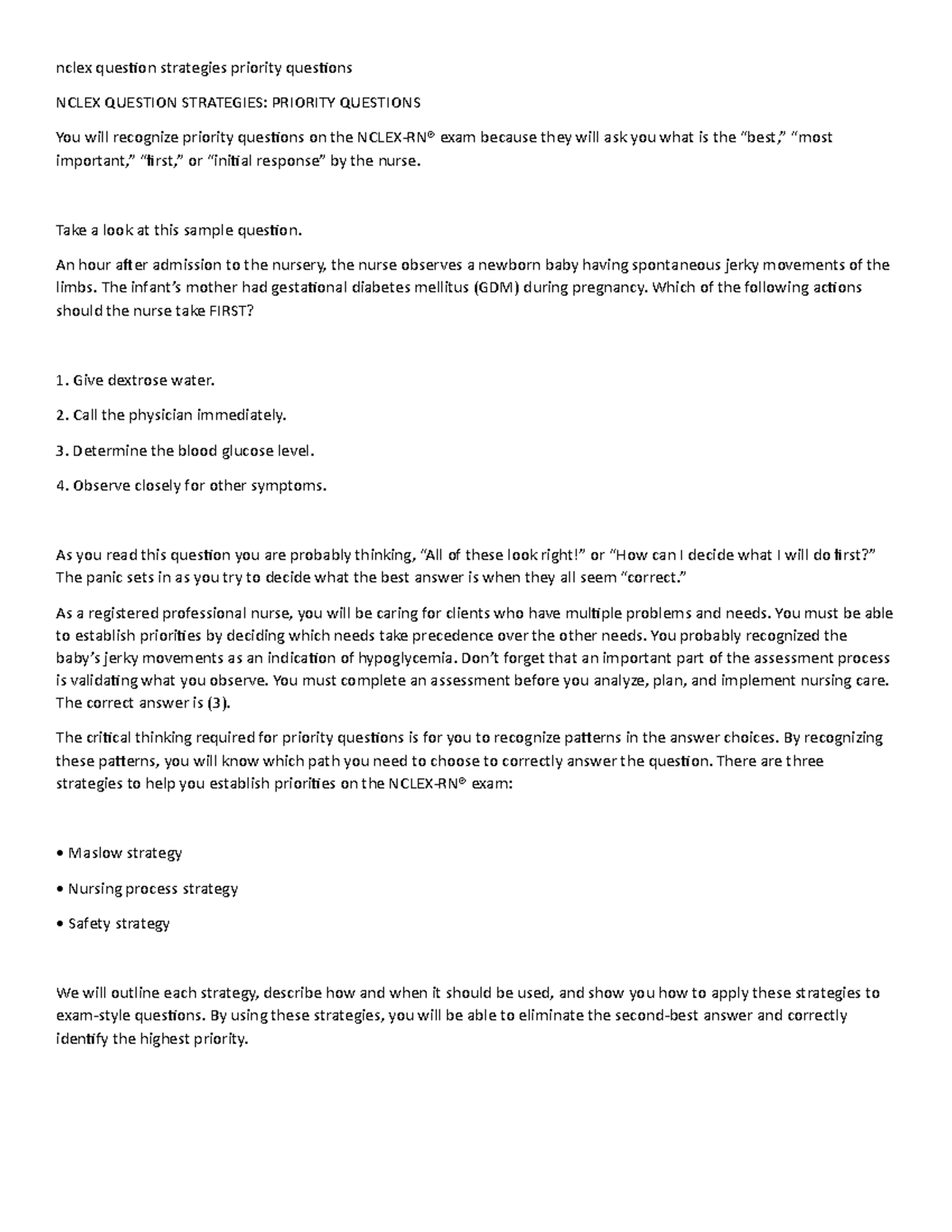NCLEX-RN Exam Strategies for Answering Priority Questions - Studocu