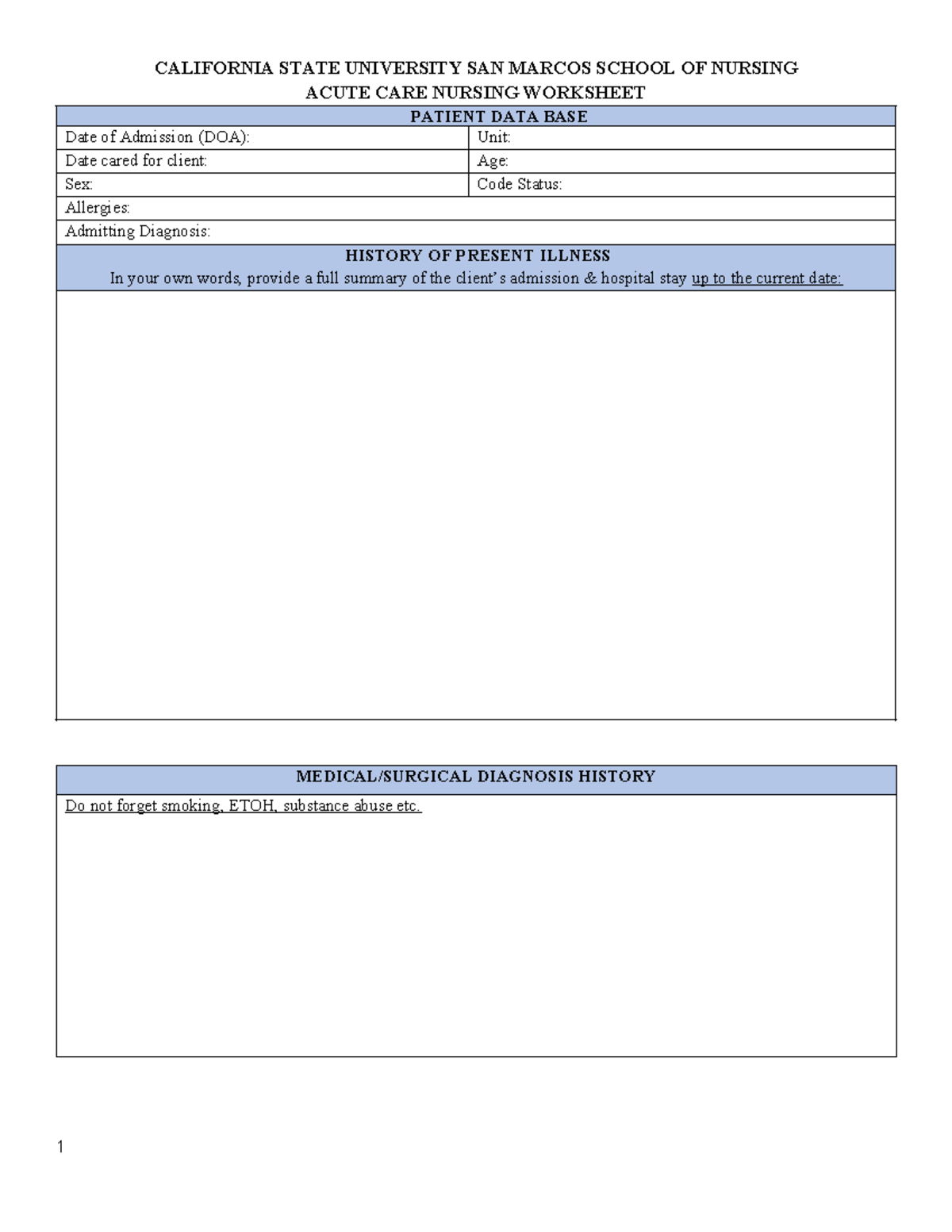NURS 450 Acute Care Daily Worksheet for Patient Assessment - Studocu